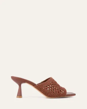 JORDYN MID HEEL SANDALS COGNAC TEXTILE Luxury Detail Easy To Clean