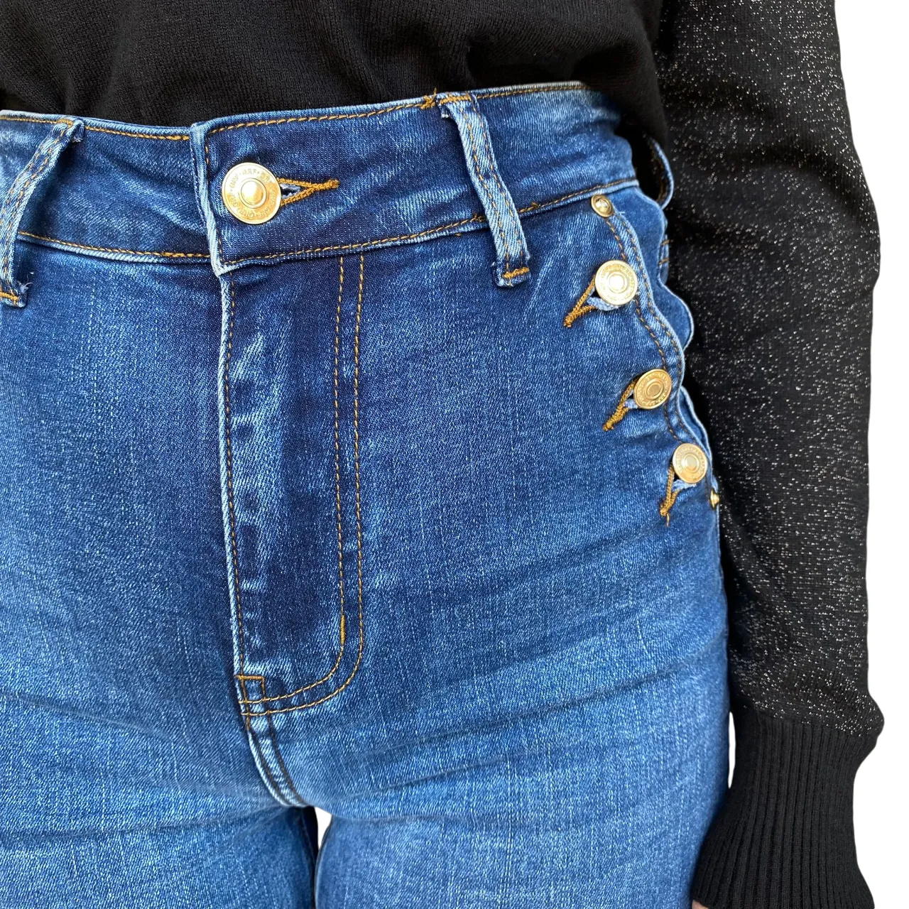 Reliable Outfit Griffai pantalone jeans da donna a palazzo con bottoni DGF4420 blu medio