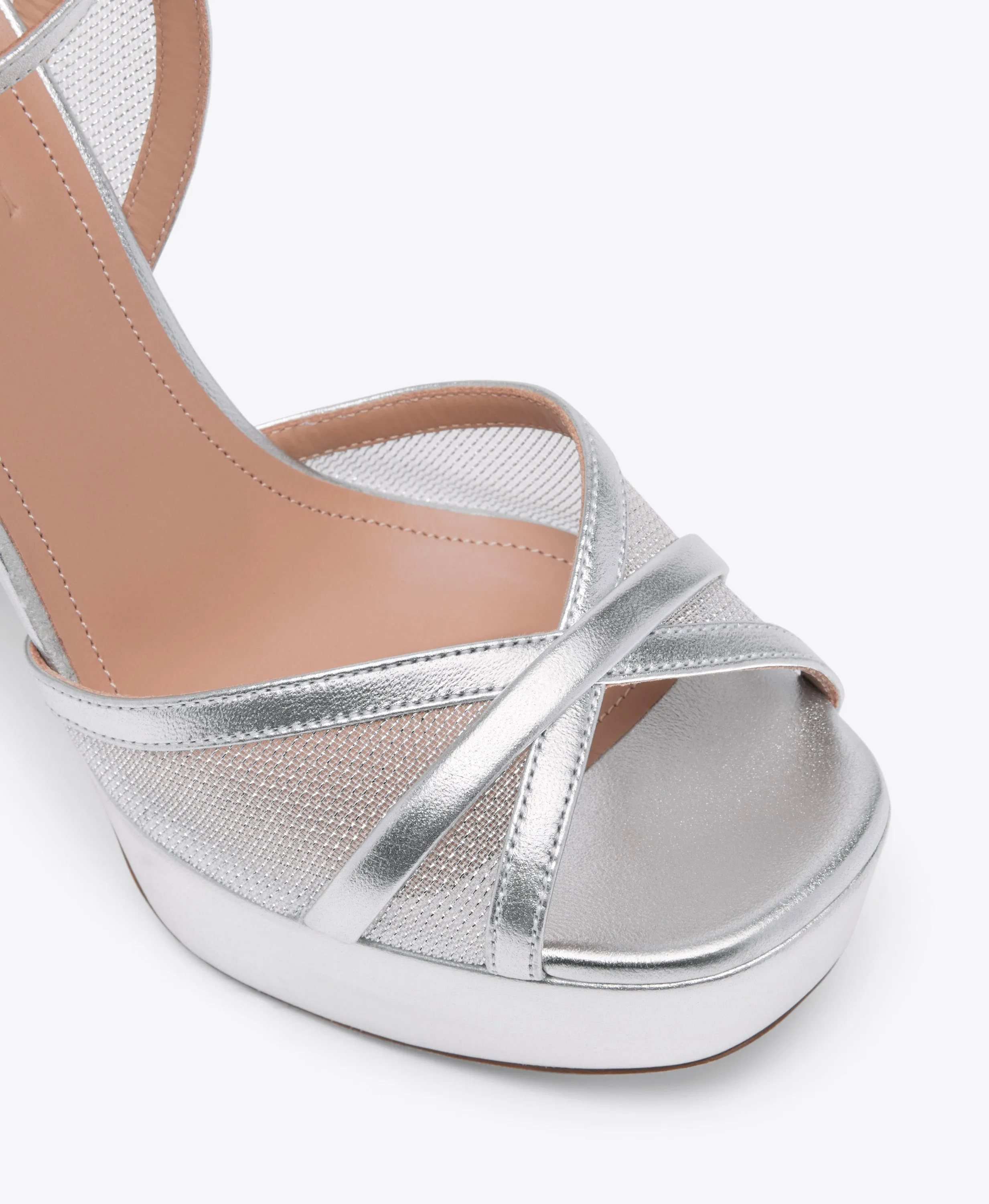 Heeled Evening Sandals Anti Slip Feature Sylvie 125 Silver Metallic Mesh Platform Sandals