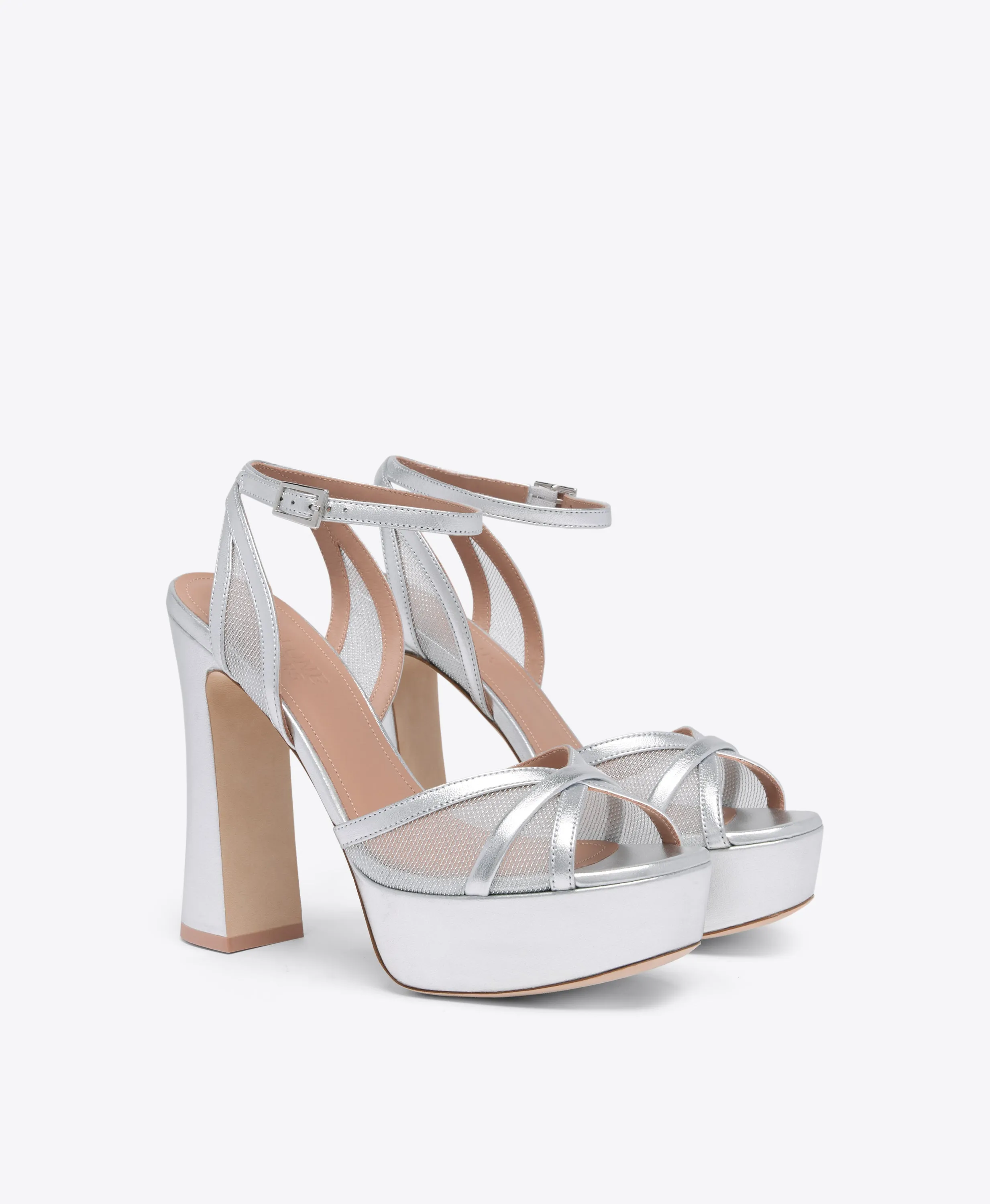 Sylvie 125 Silver Metallic Mesh Platform Sandals Synthetic Upper Boho Wedding Heels