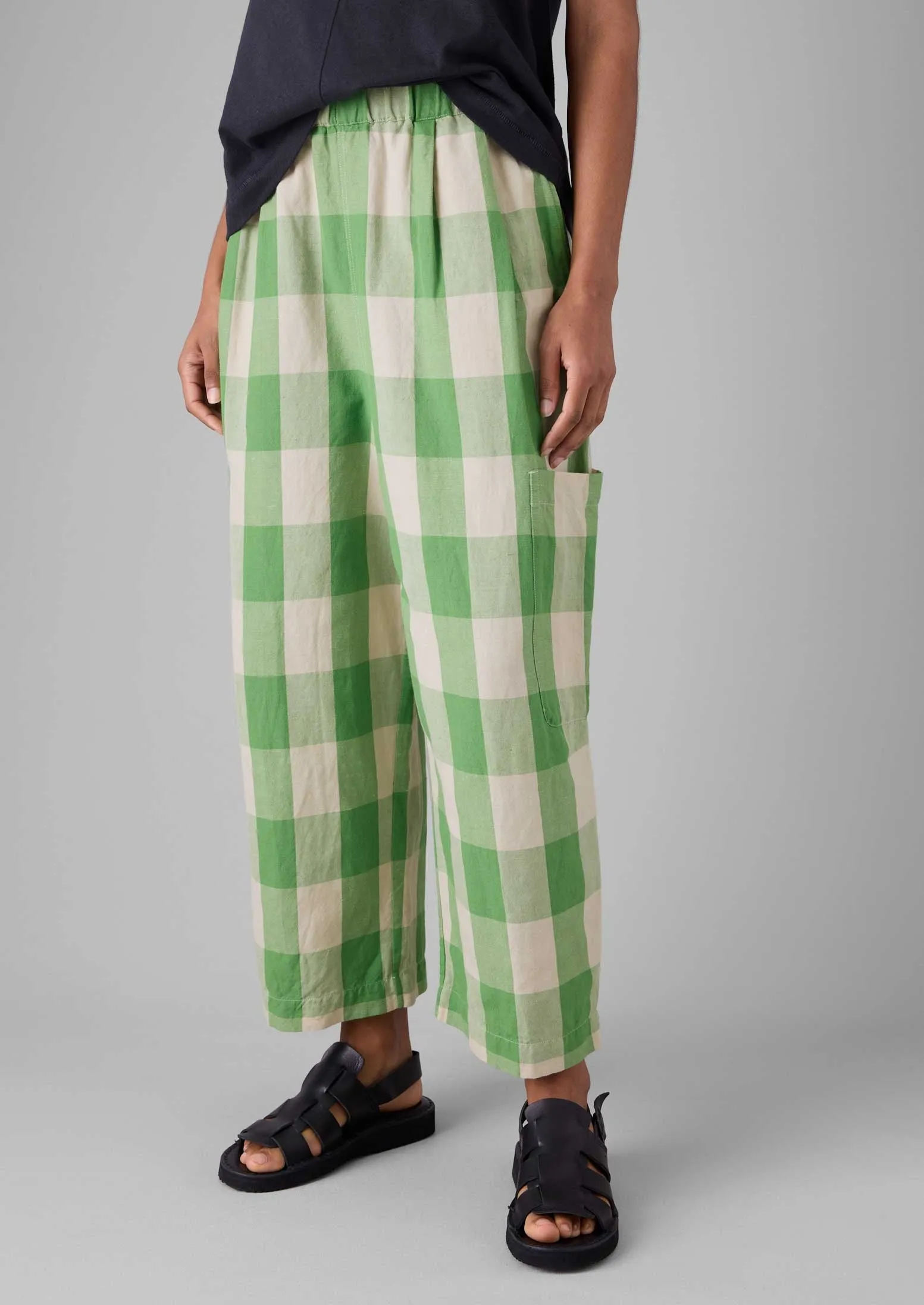 Breathable Mesh Panels Chill Style Gingham Linen Cotton Pants | Lawn Green/Pulp