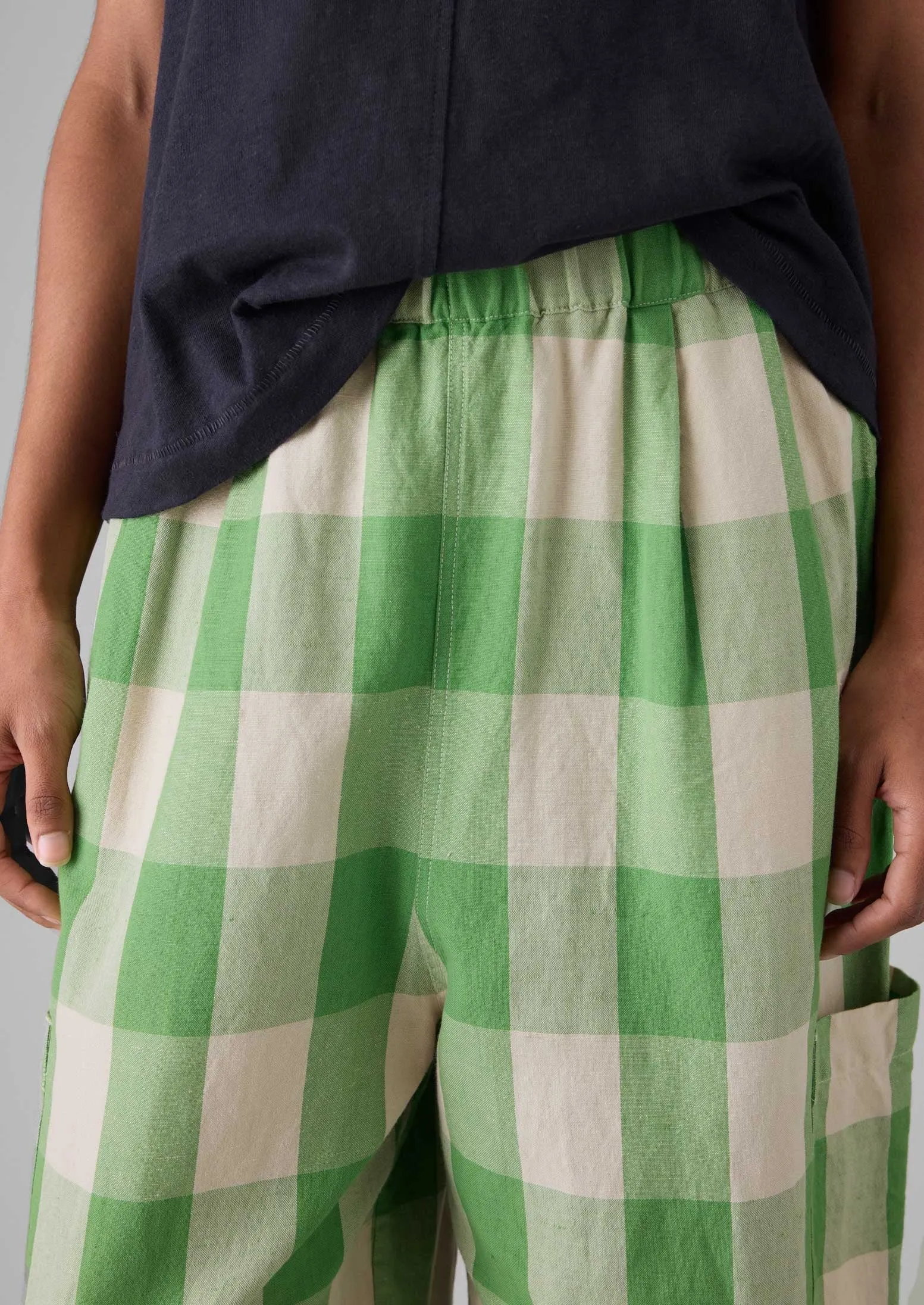 Hypoallergenic fabric Gingham Linen Cotton Pants | Lawn Green/Pulp