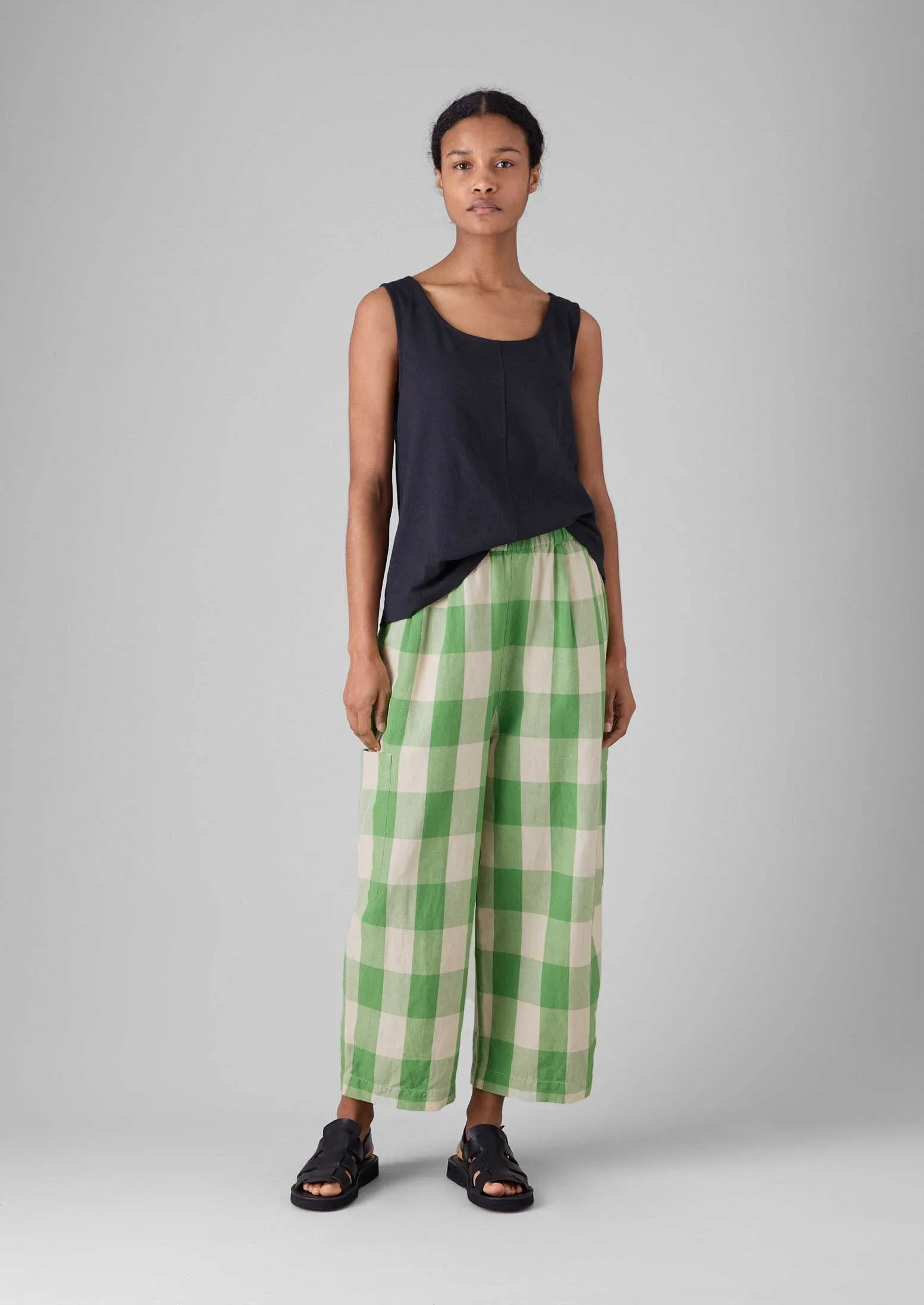 Relaxed Wear All Season Wear Gingham Linen Cotton Pants | Lawn Green/Pulp