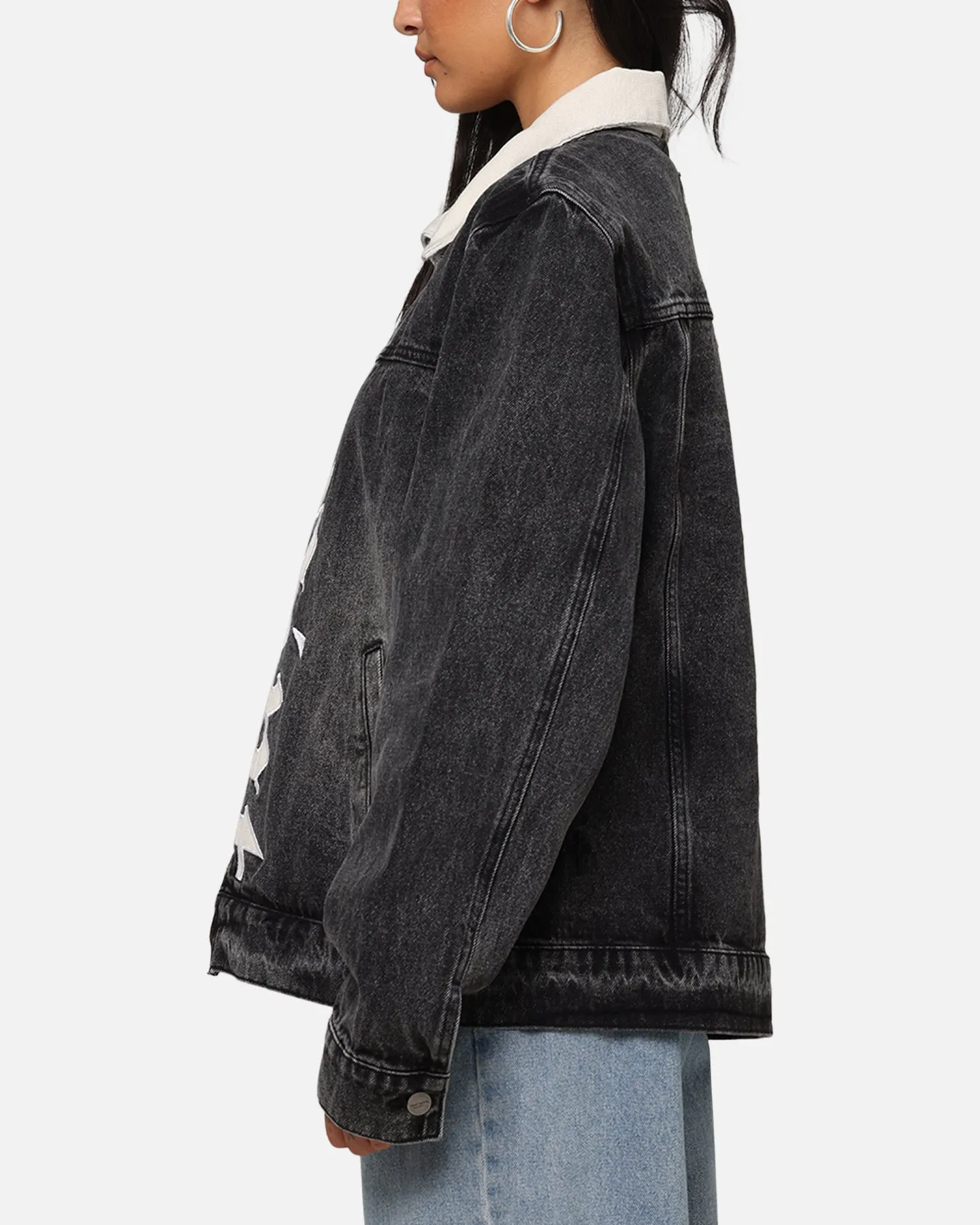 Saint Morta Gothic Distressed Denim Jacket Black Shadow mountain scene short sleeved