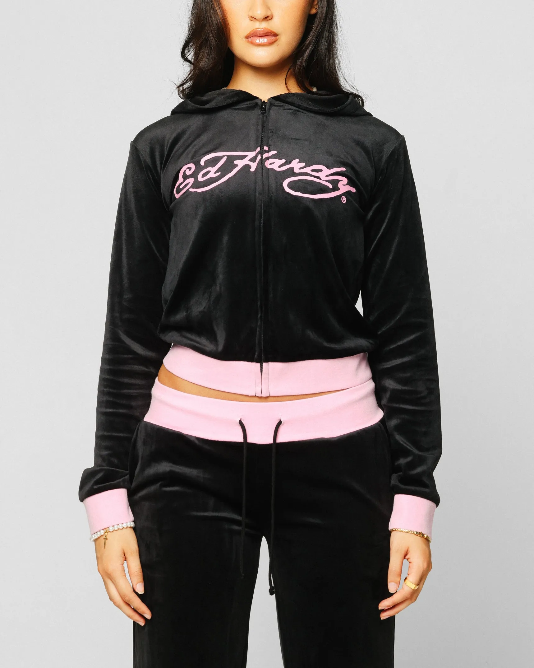 Ed Hardy Women's Cropped Hoodie Black/Pink Wind Proof