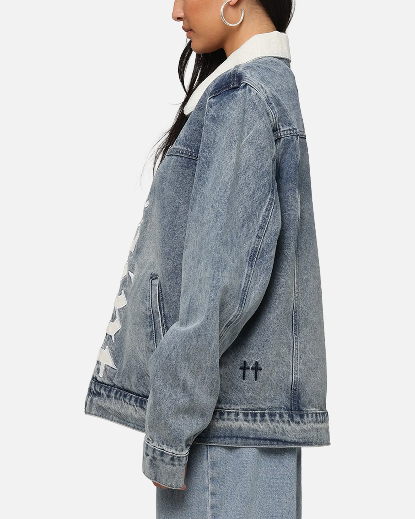 Saint Morta Gothic Distressed Denim Jacket Dirty Denim MultiPocket Design petite size