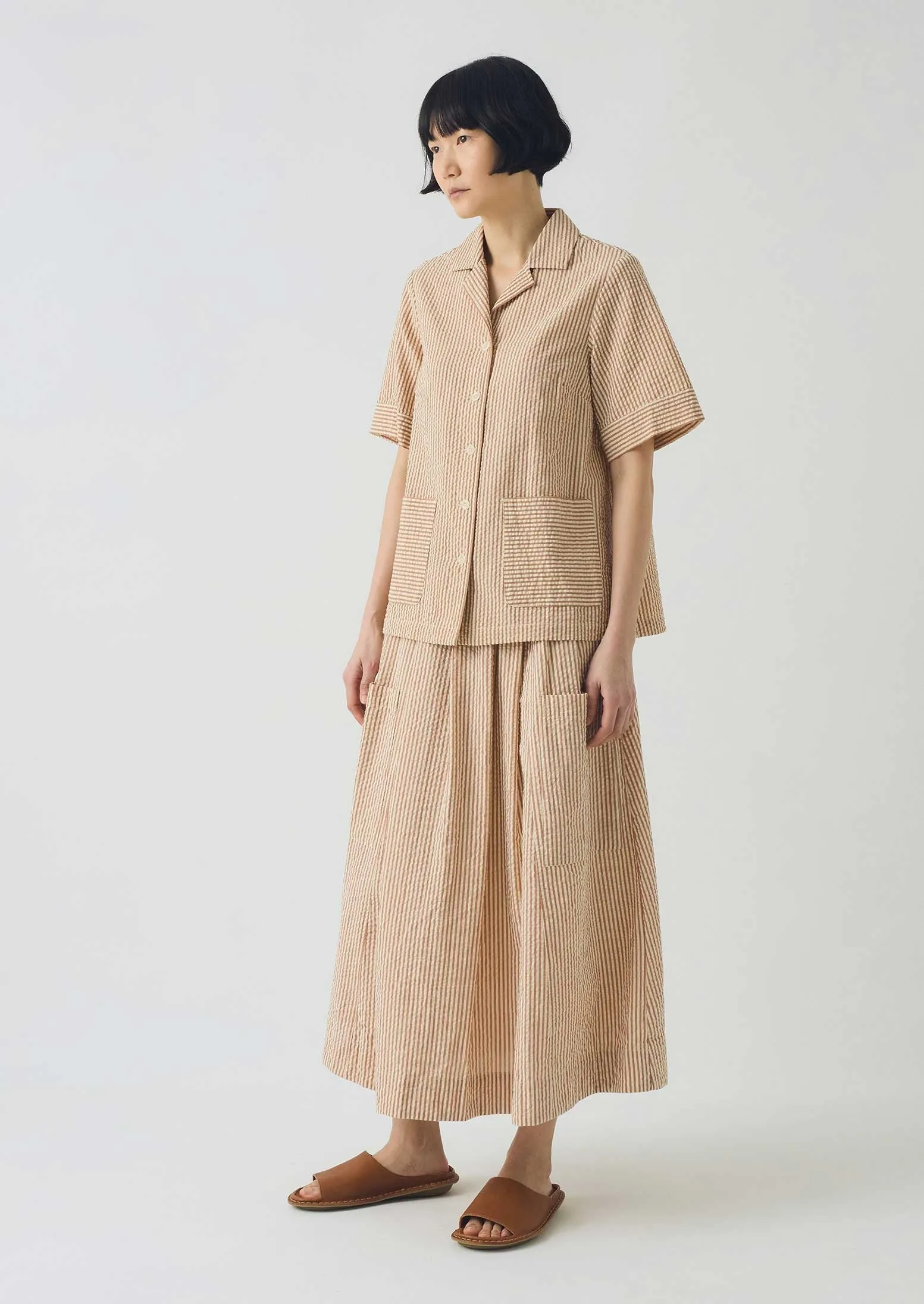 Stripe Cotton Seersucker Patch Pocket Skirt | Terracotta/Ecru Mood Outfitboard