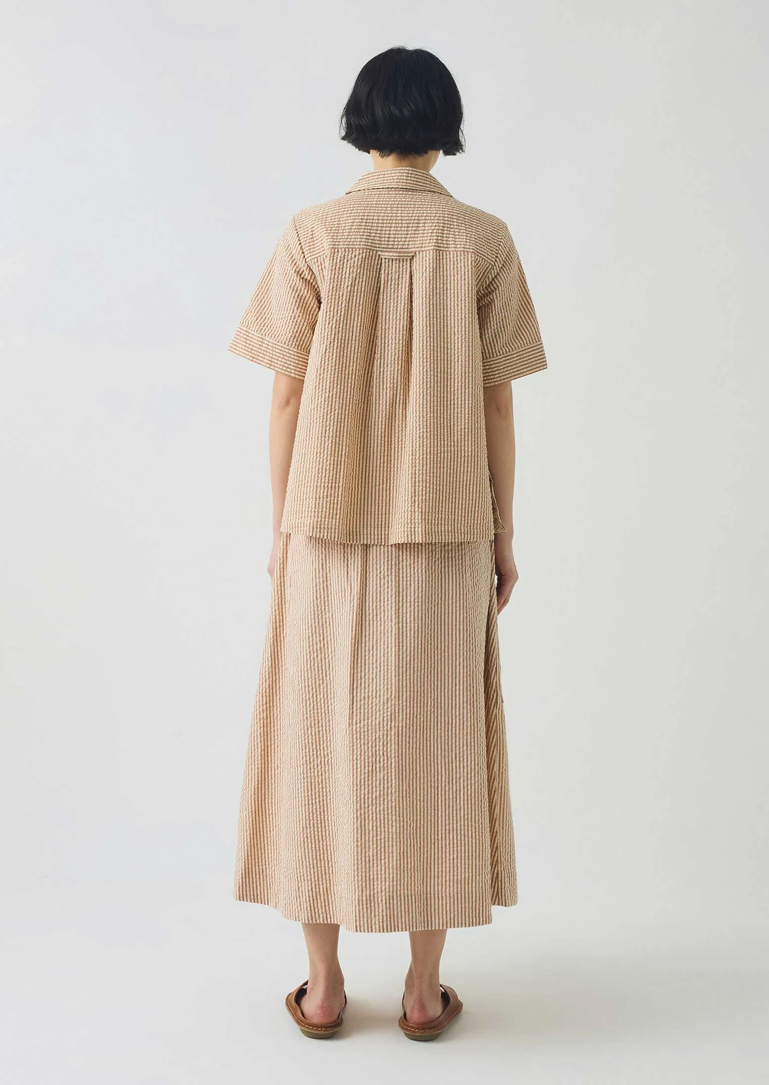 Mini length Crisp Look Stripe Cotton Seersucker Patch Pocket Skirt | Terracotta/Ecru
