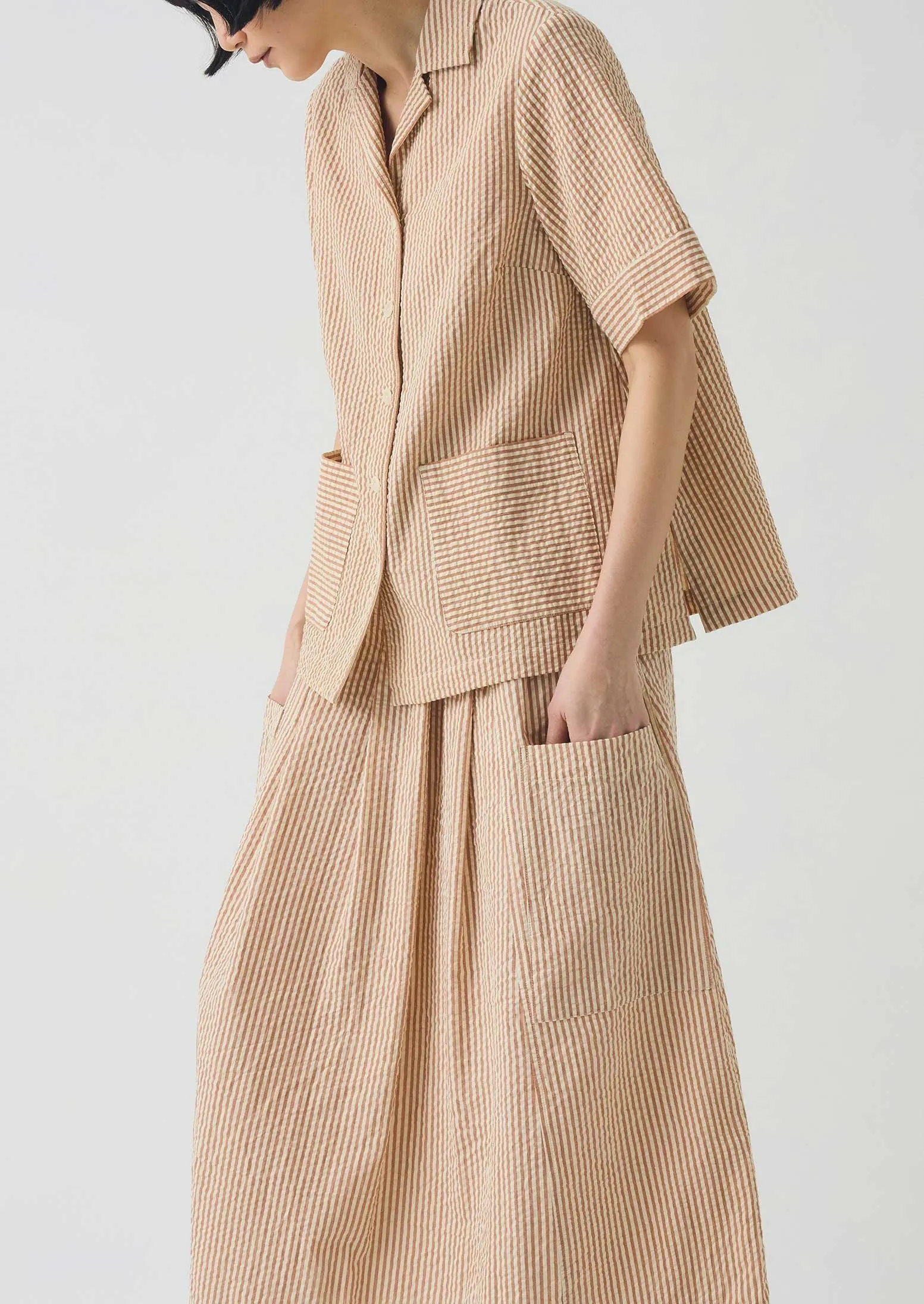 Stripe Cotton Seersucker Patch Pocket Skirt | Terracotta/Ecru quick dry Runway Inspired