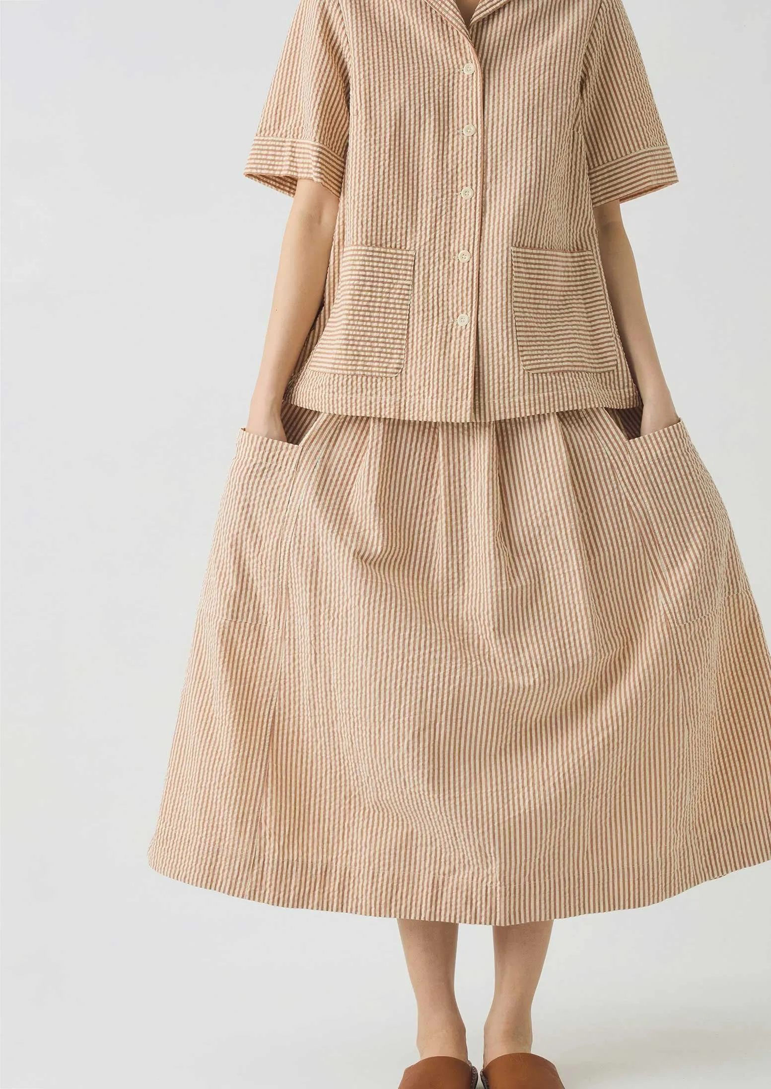 Stripe Cotton Seersucker Patch Pocket Skirt | Terracotta/Ecru Style Vibes Edgy Look