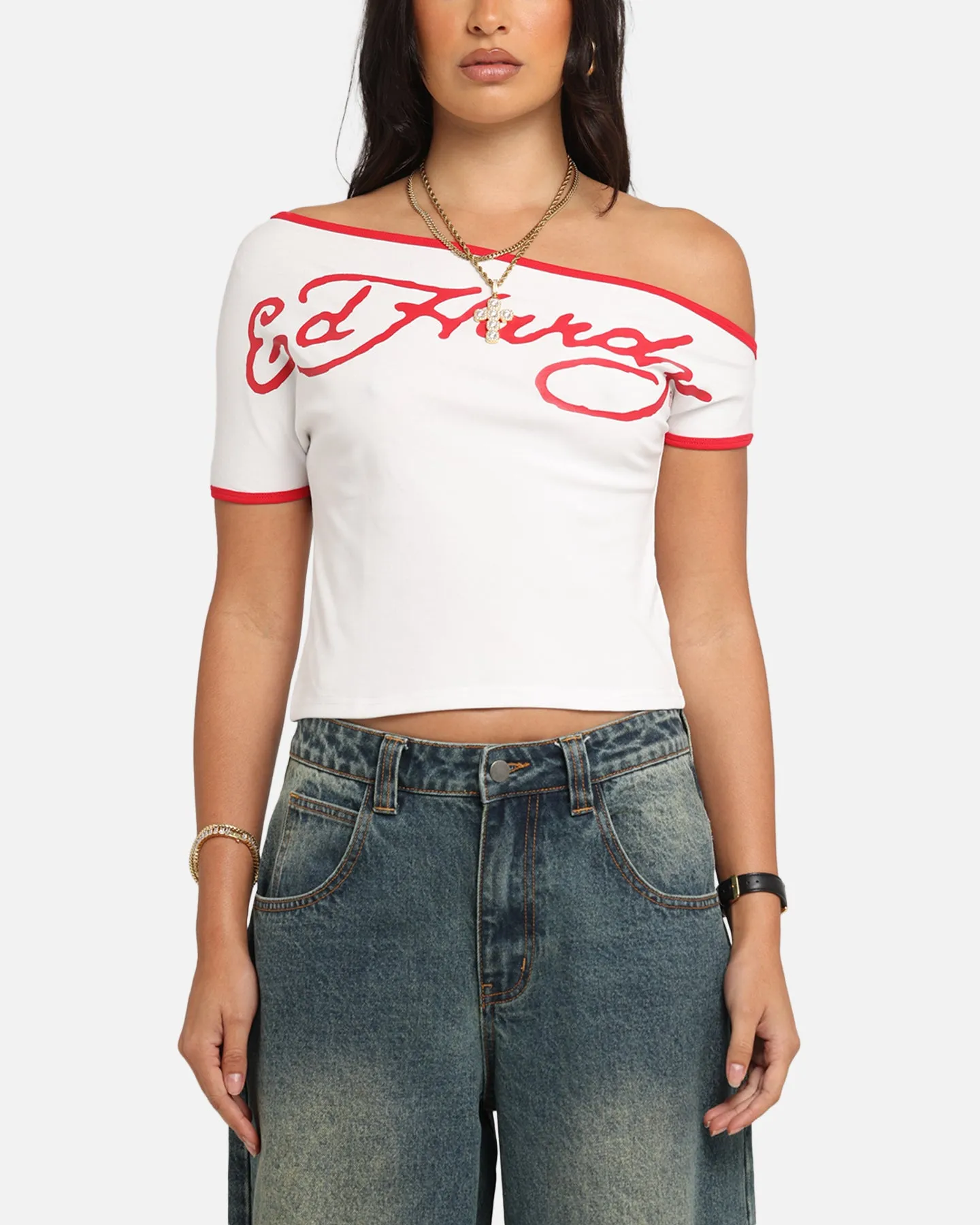 Ed Hardy Women's Aline Baby T-Shirt Off White/Red Durable Ribbed Hem