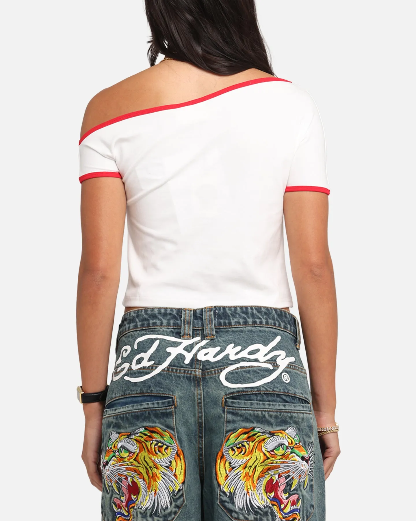 Ed Hardy Women's Aline Baby T-Shirt Off White/Red Office Casual