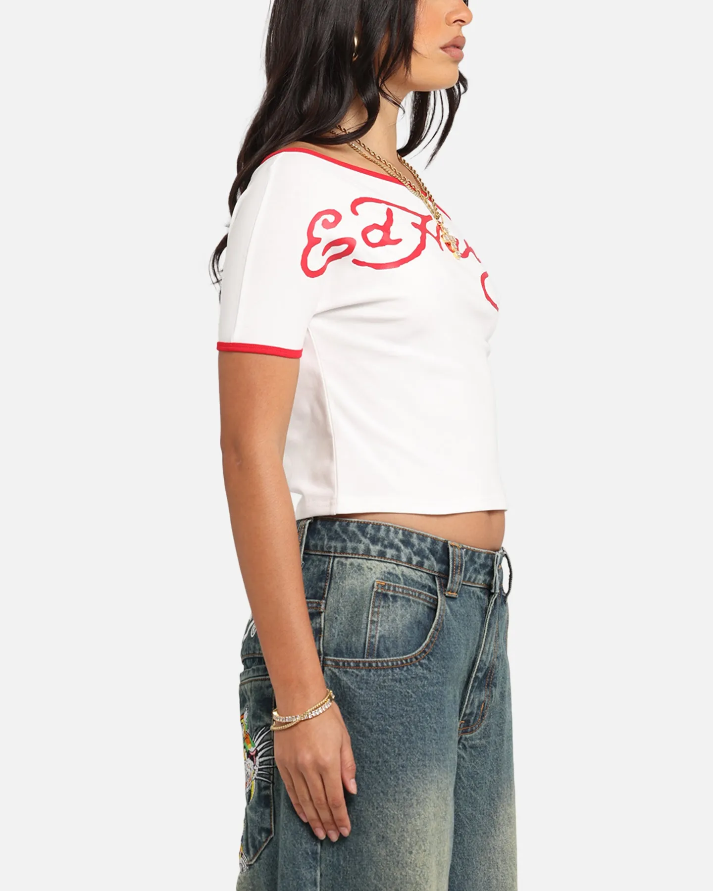 Ed Hardy Women's Aline Baby T-Shirt Off White/Red Chilly Layer