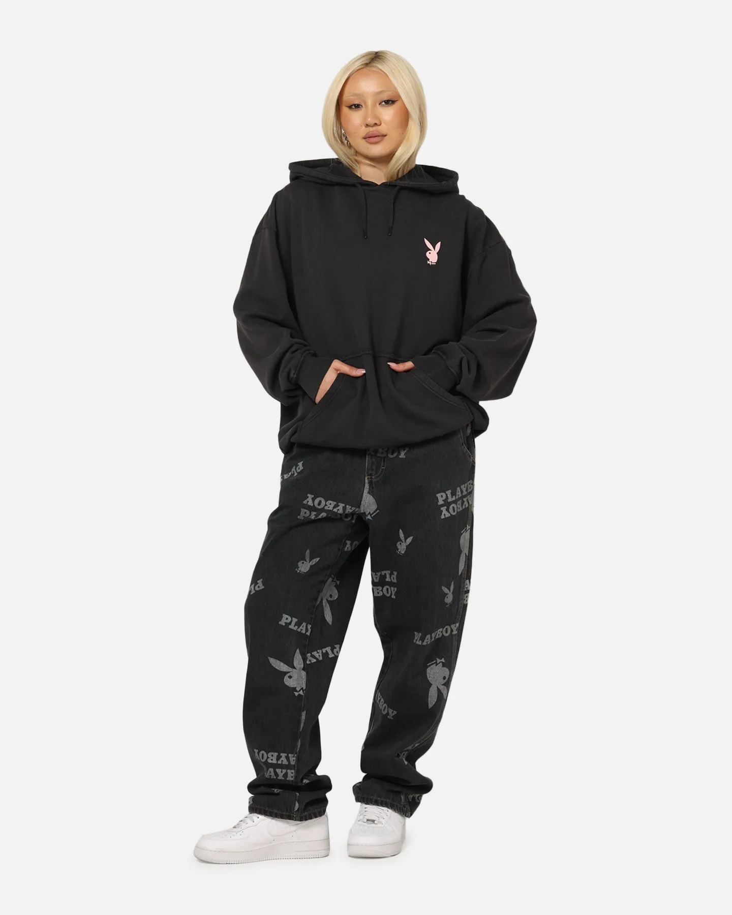 Mountain Wear Fashion Layer Playboy Stack Washed Hoodie Washed Black