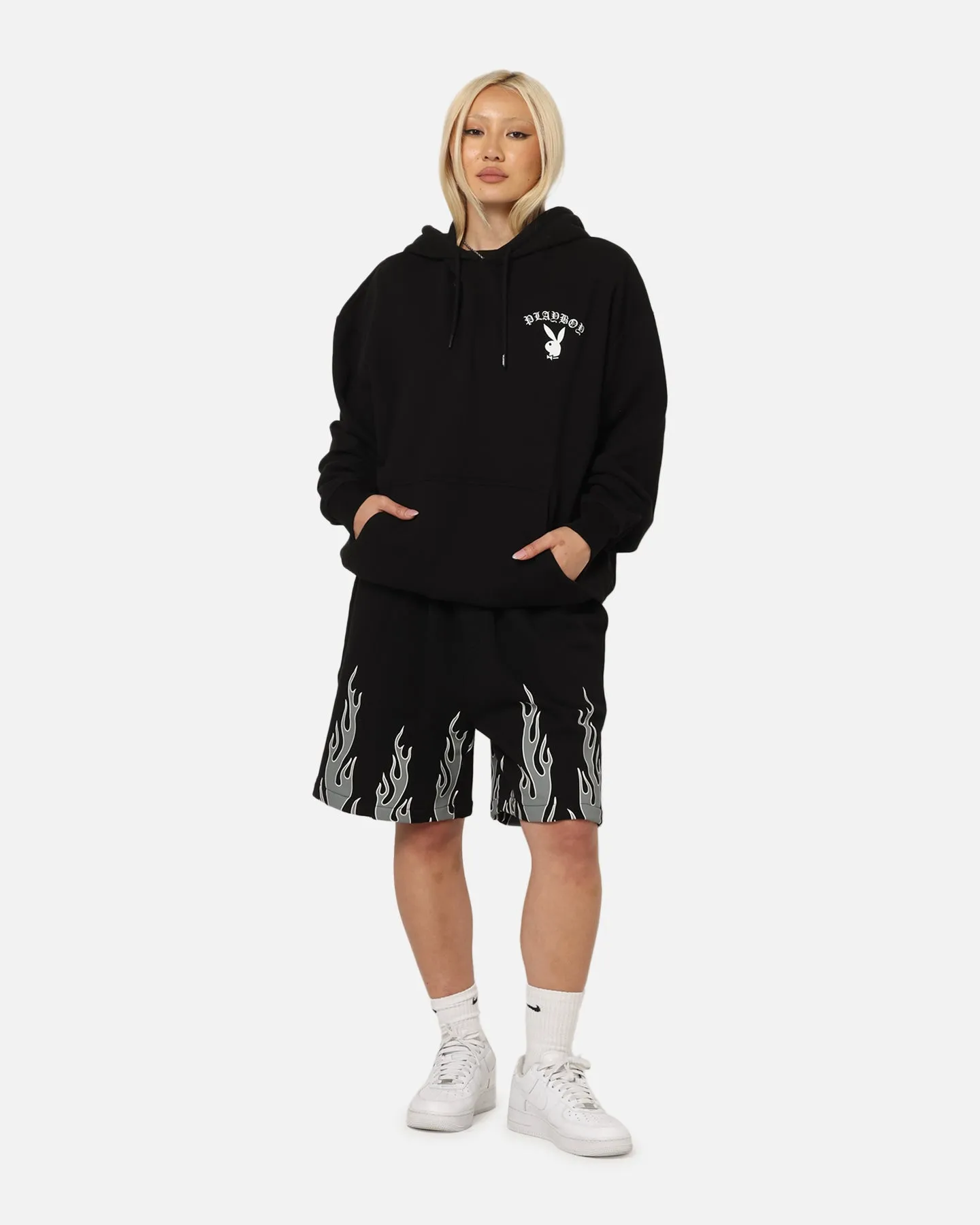 Recycled Polyester Organza details Playboy Gothic Mono Lips Hoodie Black