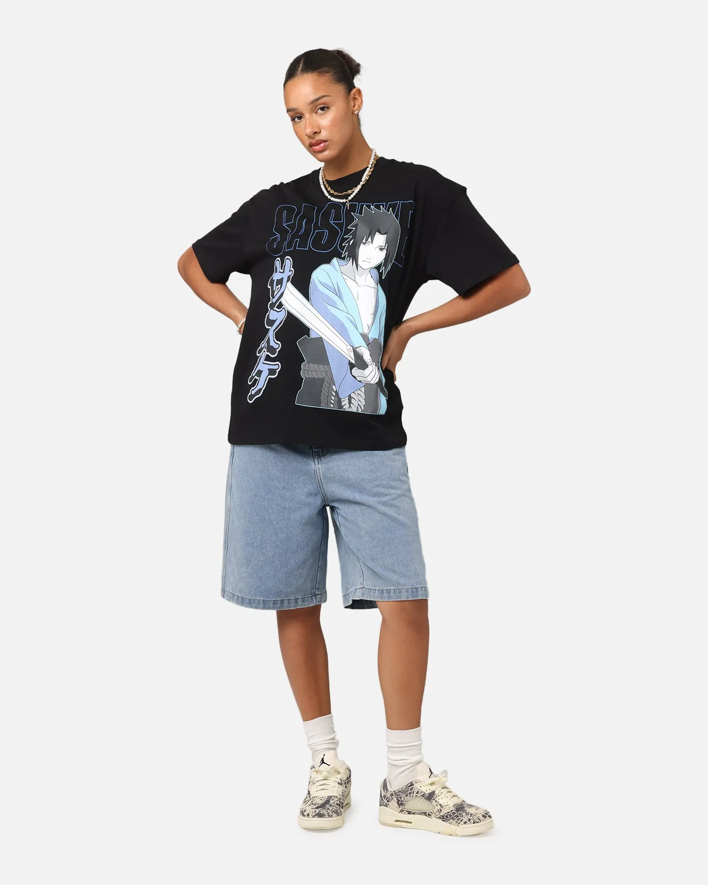 Bold Statement Trendy Layering Goat Crew X Naruto Sasuke T-Shirt Black