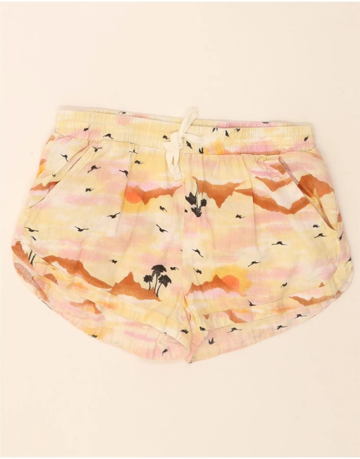 Modern Cut Street Style BILLABONG Womens Abstract Pattern Chino Shorts Medium W30 Yellow Tie Dye