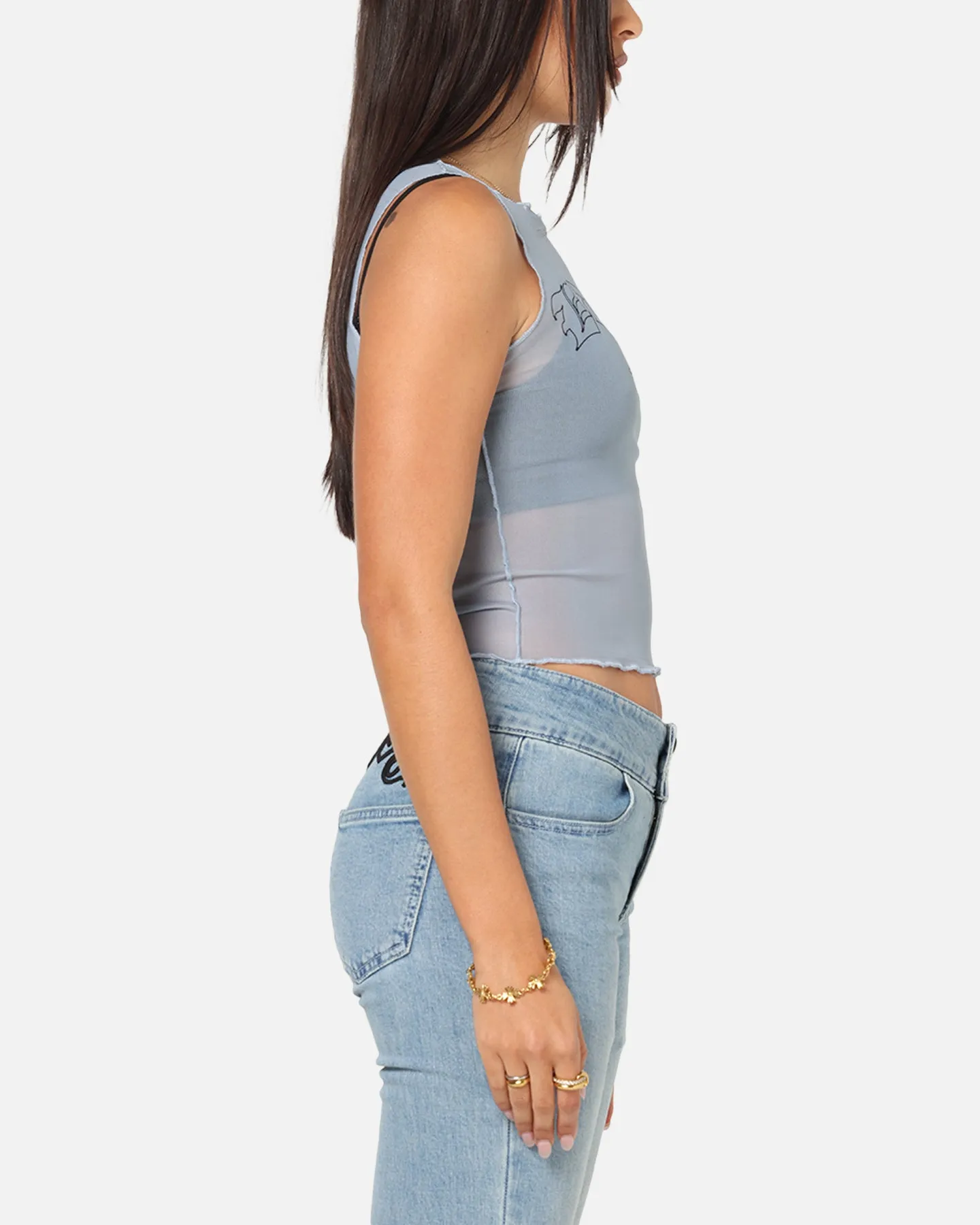 Ed Hardy Women's Revenge Mesh Top Blue Feminine Fit Flattering Shape