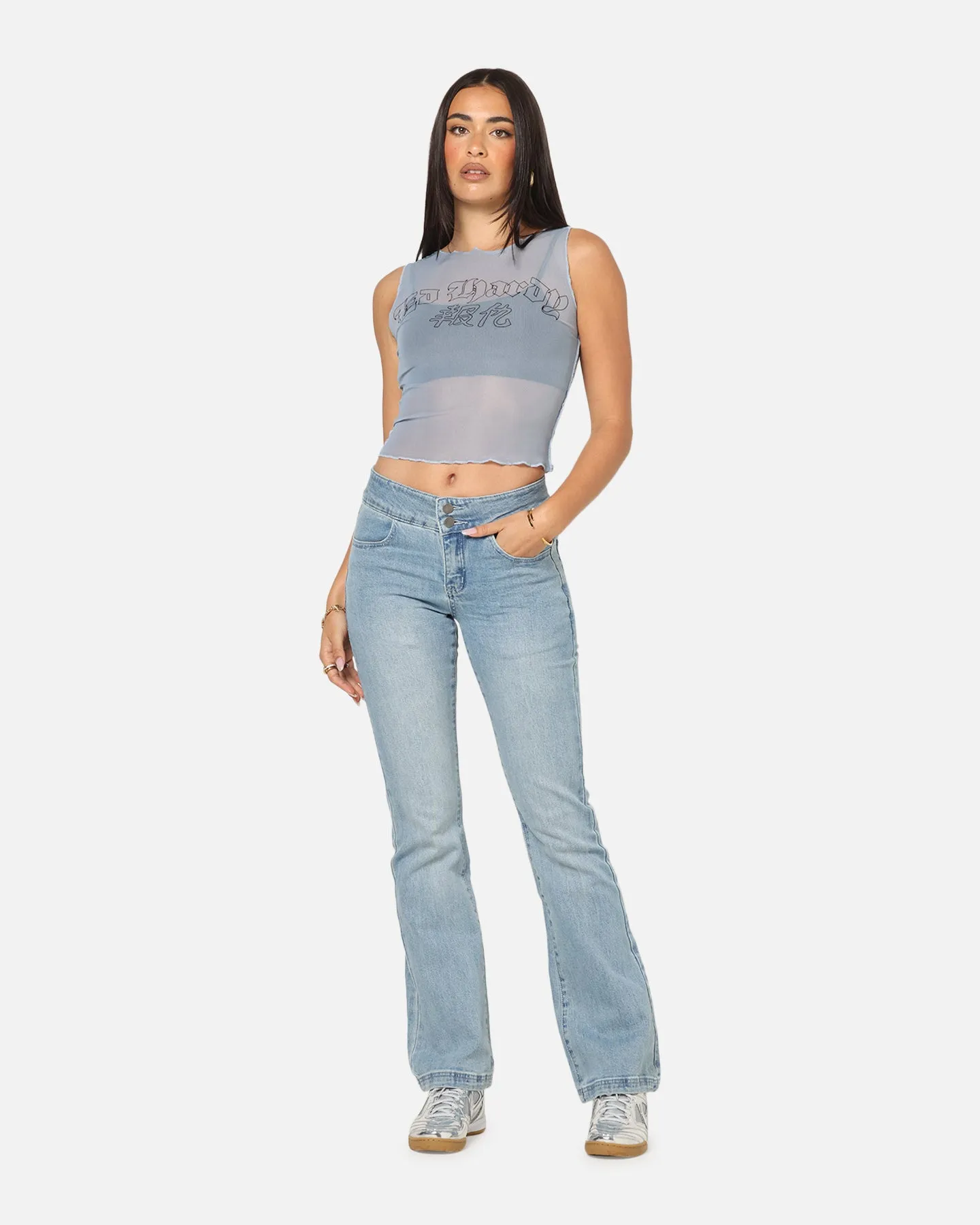 Ed Hardy Women's Revenge Mesh Top Blue Essential Style Wear Minimal Comfort Style