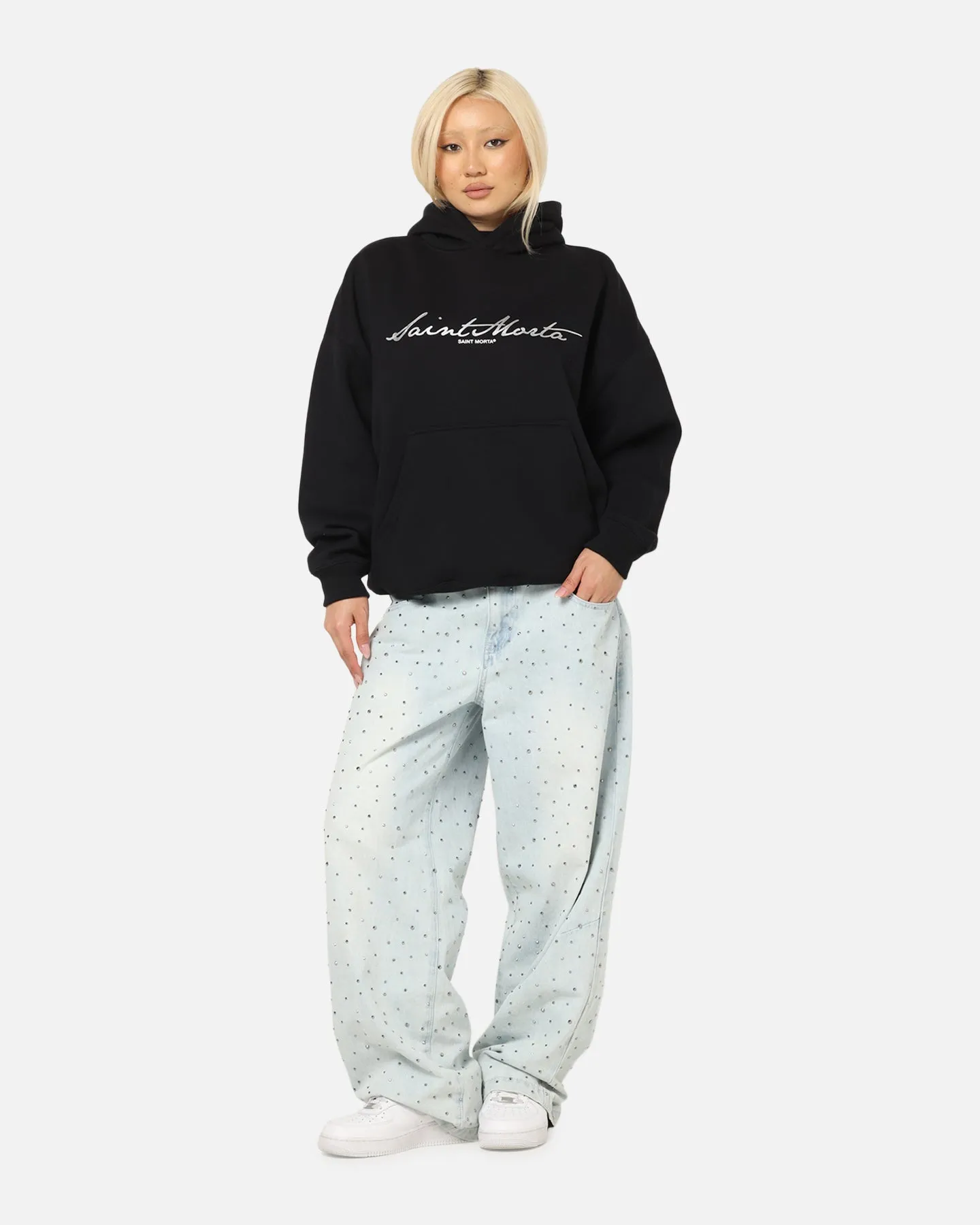 Saint Morta Scripture Boxy Hoodie Black polka dot style Minimalist Design