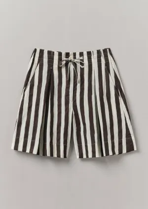 Wave Stripe Block Print Cotton Shorts | Ecru/Chocolate Sporty Look Slim Waist