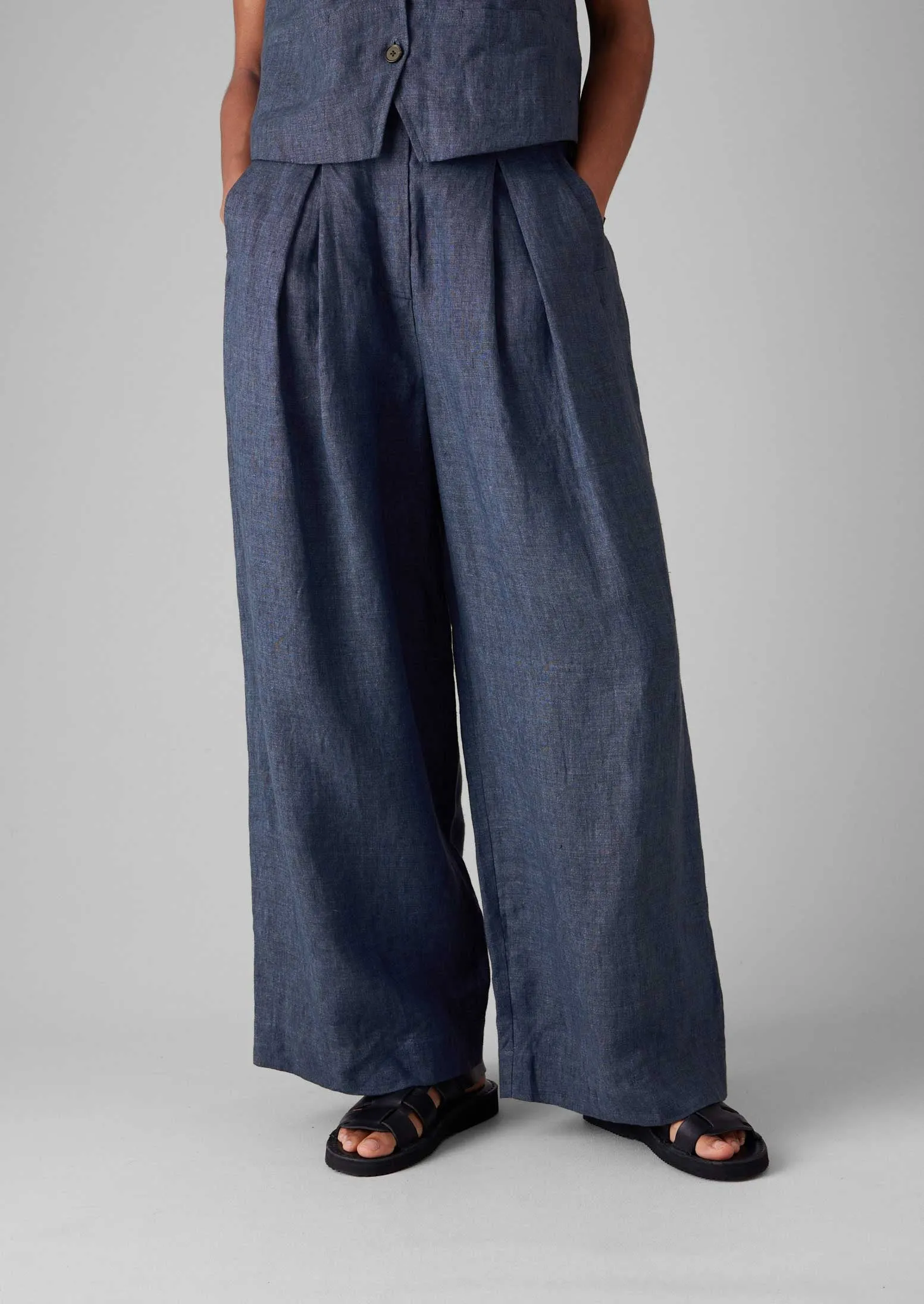 WrinkleResistantMaterial Sport Comfort Belted Linen Wide Leg Pants | Denim Blue