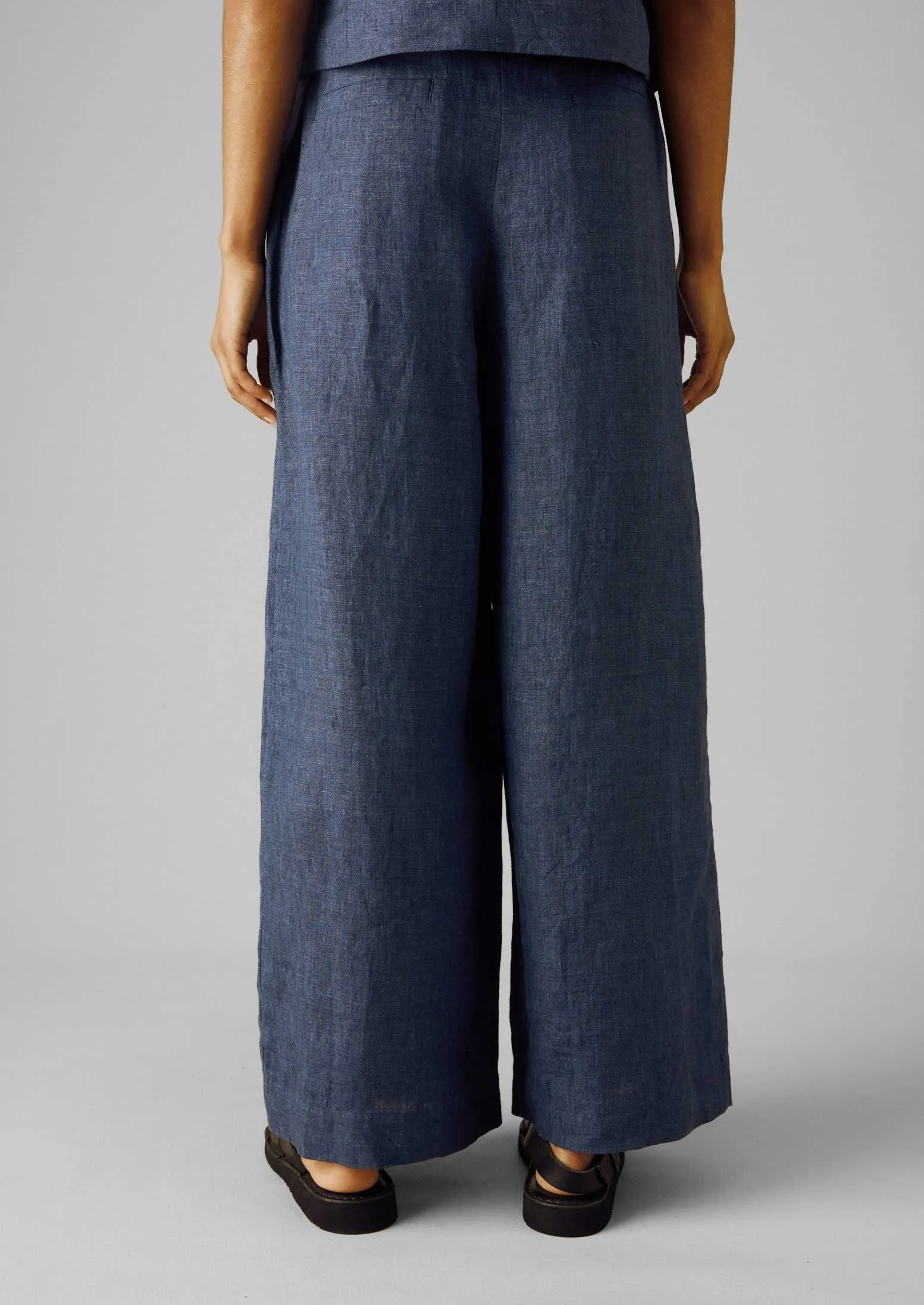 Belted Linen Wide Leg Pants | Denim Blue Sporty Comfort Casual Fit Design