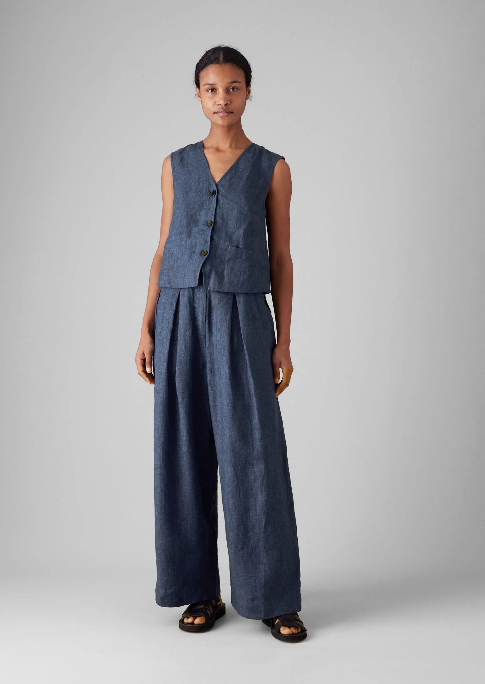 Multi Use Perfect Fit Belted Linen Wide Leg Pants | Denim Blue