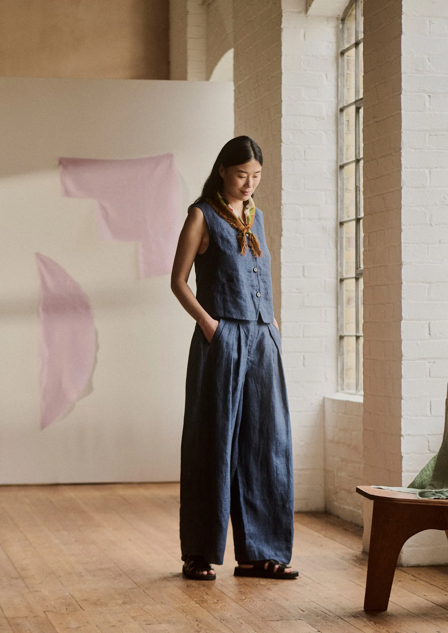 Neutral Shade Active Motion Belted Linen Wide Leg Pants | Denim Blue
