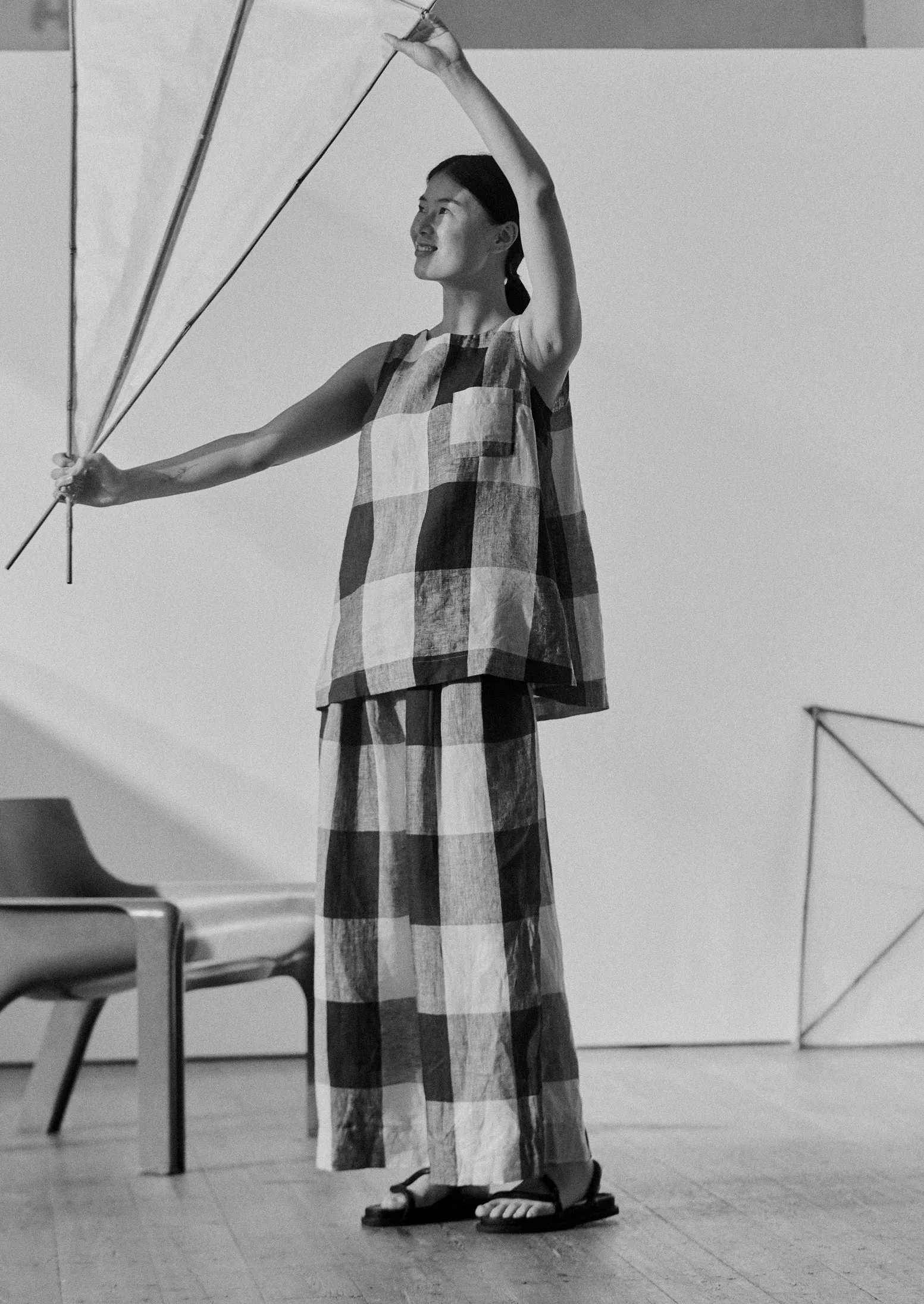 Macro Gingham Lightweight Linen Pants | Ecru/Charcoal Flex Fit Design