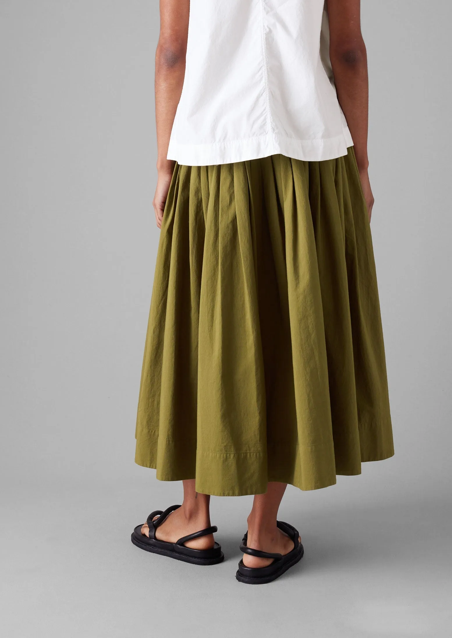Pleated Raised Stripe Cotton Skirt | Warm Olive Clean Aesthetic Structured Shape