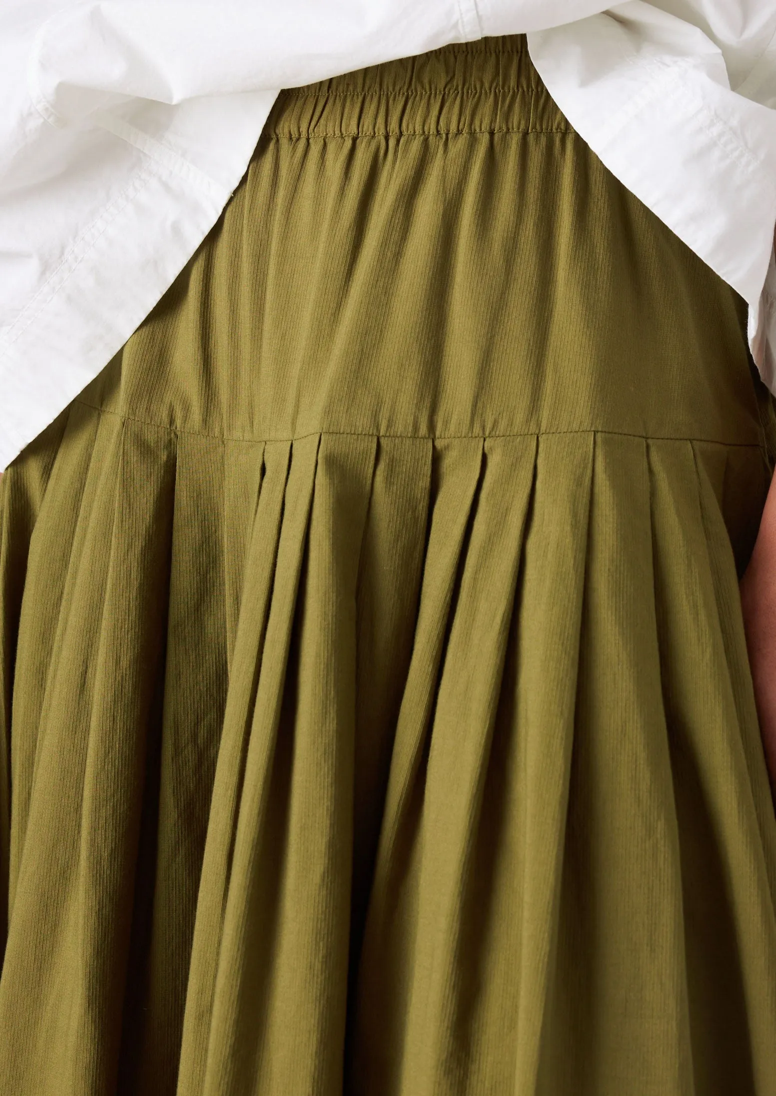 Shirred Back Durable Stitching Pleated Raised Stripe Cotton Skirt | Warm Olive