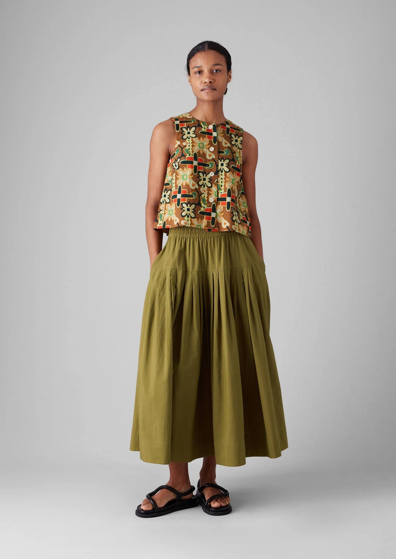 Pleated Raised Stripe Cotton Skirt | Warm Olive Double Stitched