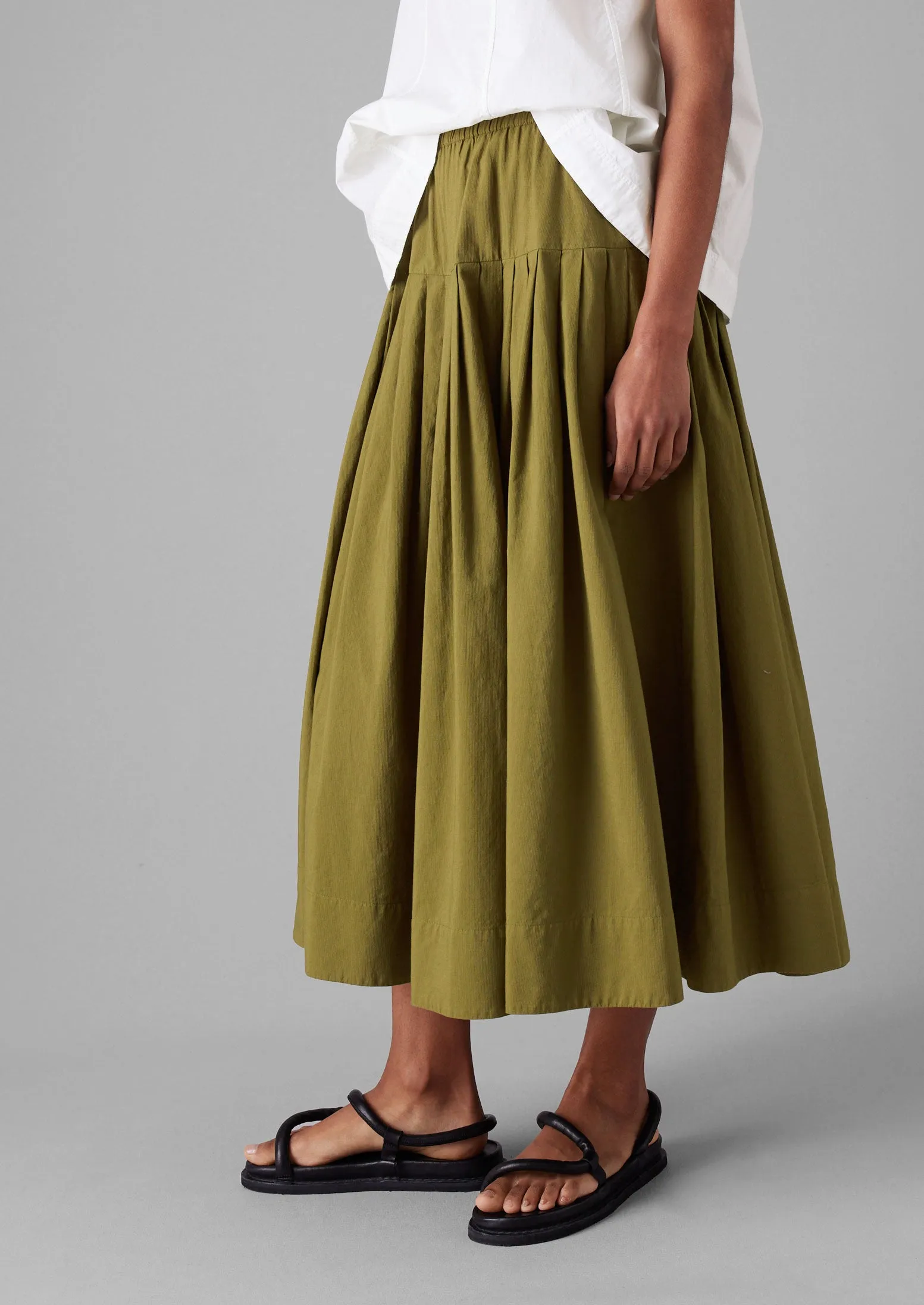 Pleated Raised Stripe Cotton Skirt | Warm Olive Bold Cut Tear Resistant