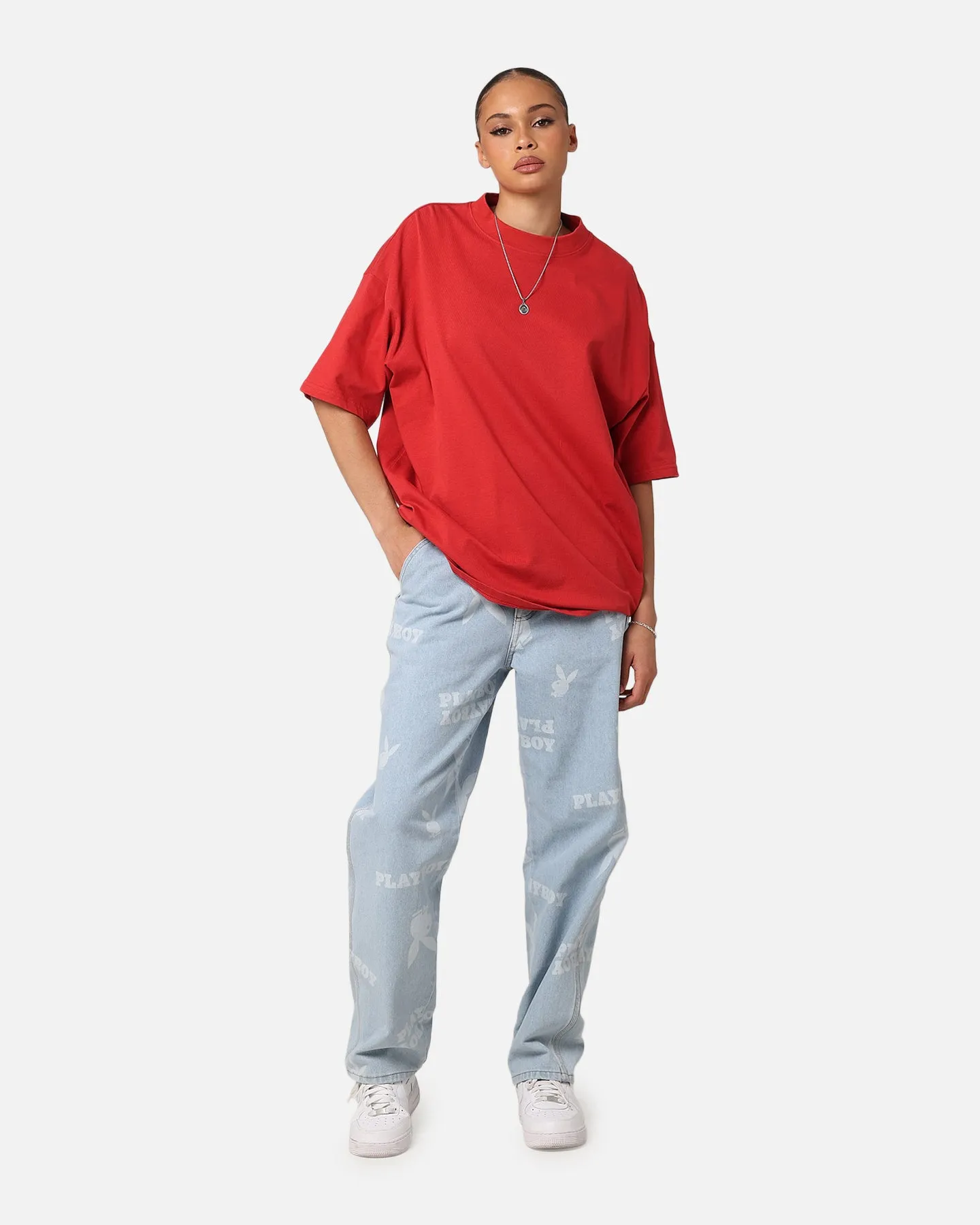 Culture Kings Oversized Blank T-Shirt Red Distressed Hem Finish Cozy Fit