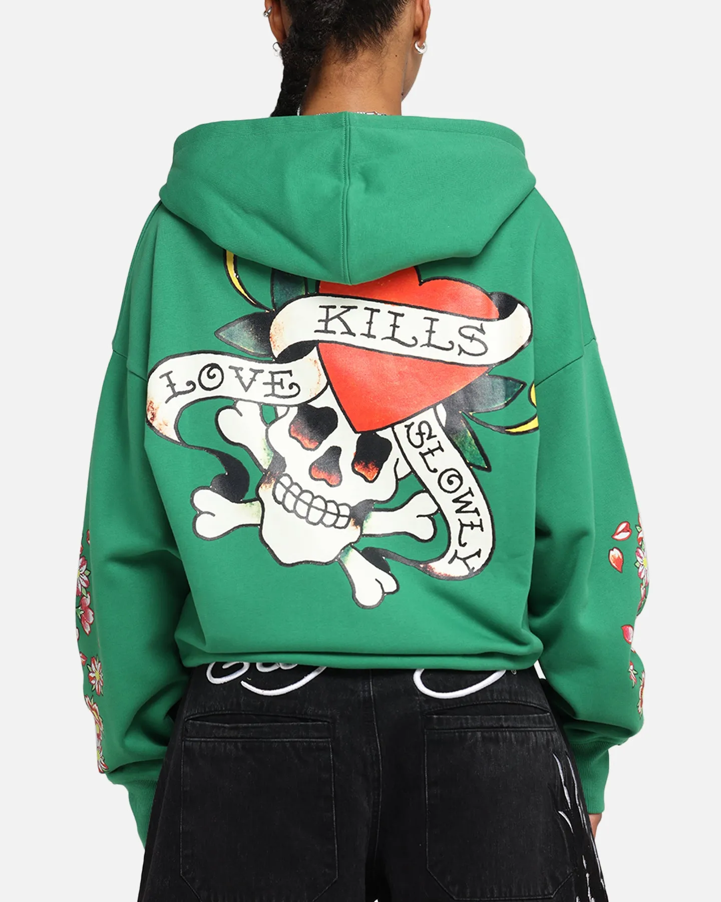 Ed Hardy Love Kills Slowly Zip Hoodie Green Oversized Silhouette Training Wear