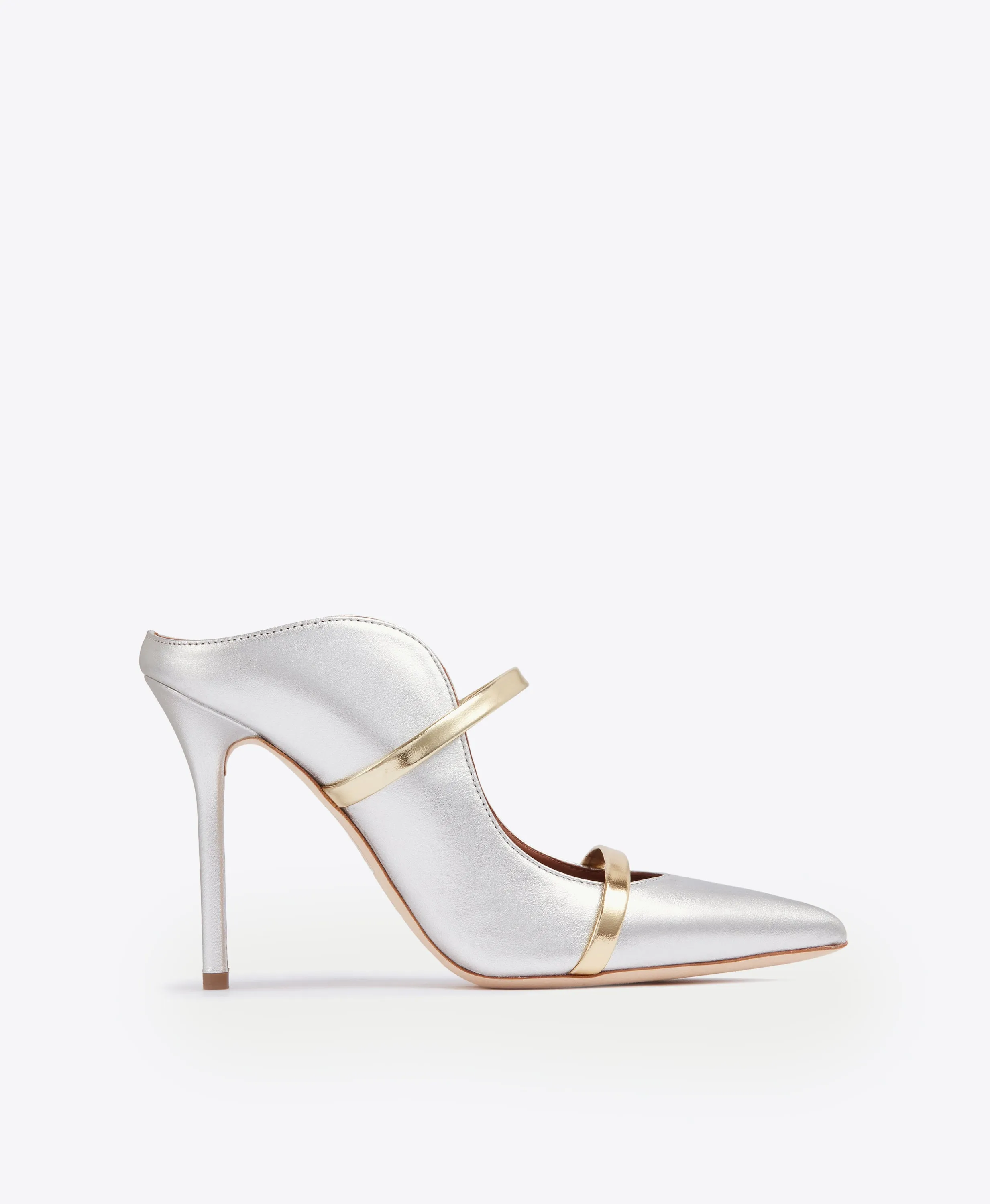 Open Toe Wedges Sleek Leather Pumps Maureen 100 Silver & Gold Leather Mules