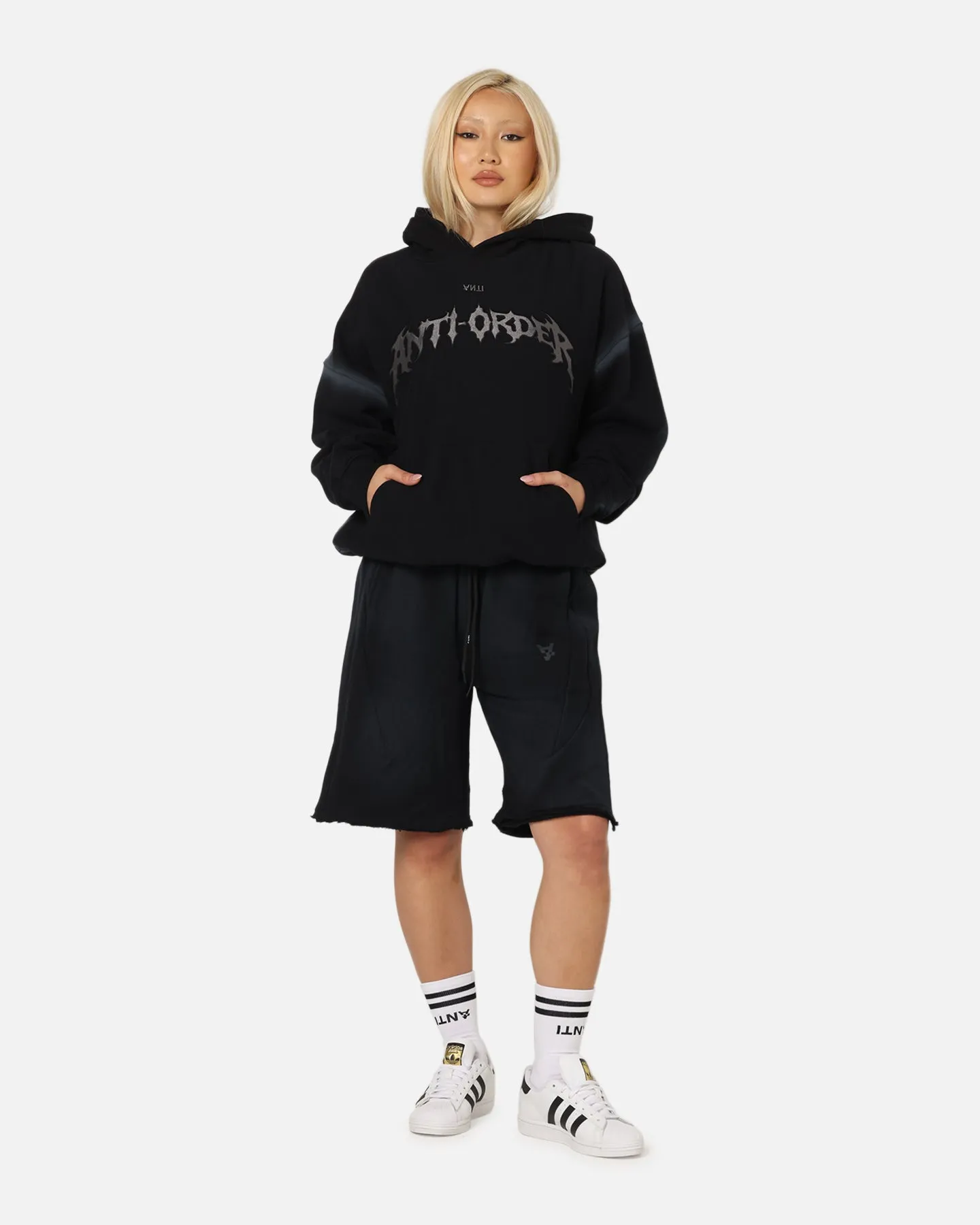 The Anti Order Mosh Boxy Hoodie Sunfade Black/Grey Halloween wear