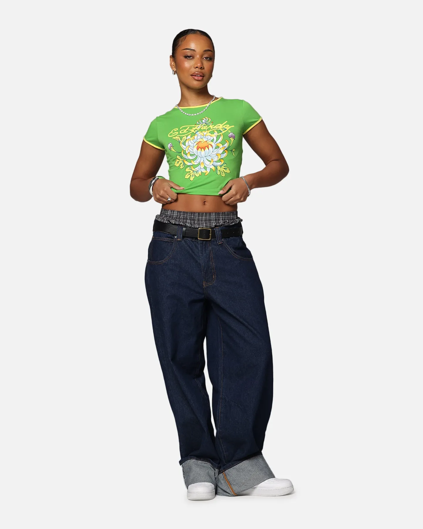 AntiPillingTreatment Ed Hardy Women's Blooming Baby Ringer T-Shirt Green/Yellow