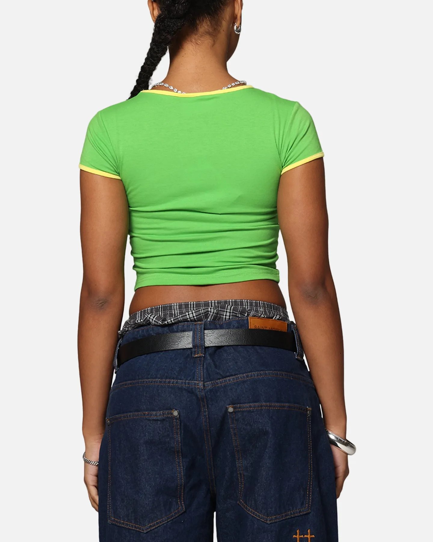 Ed Hardy Women's Blooming Baby Ringer T-Shirt Green/Yellow Perfect Fit Wear