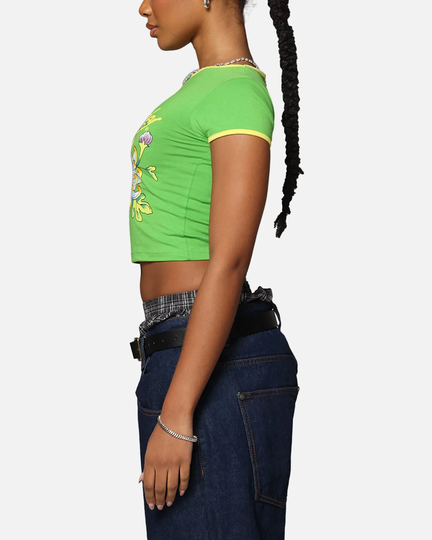 Breathable mesh Rayon blend Ed Hardy Women's Blooming Baby Ringer T-Shirt Green/Yellow