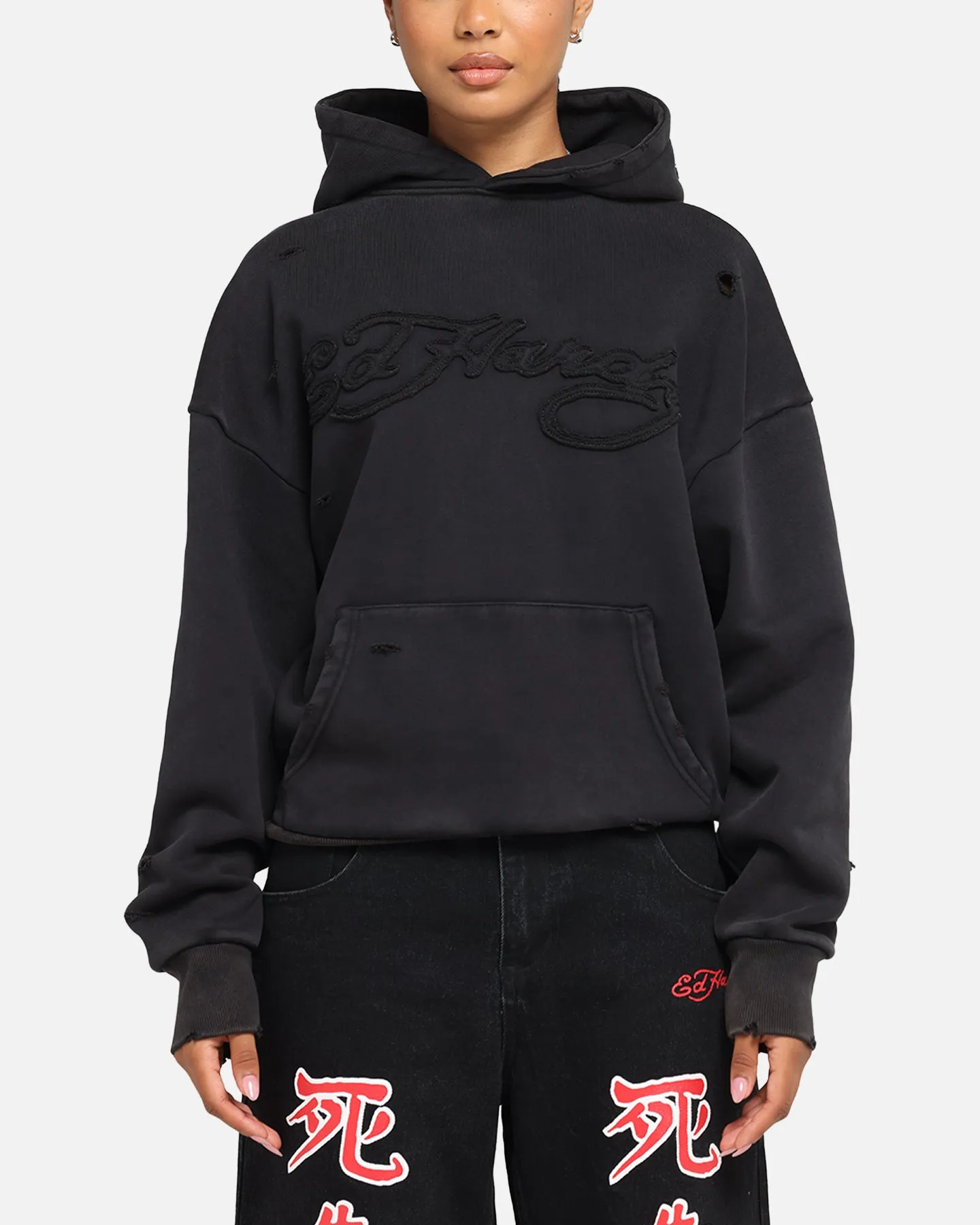 Caribou like Ed Hardy Distressed Hoodie Washed Black