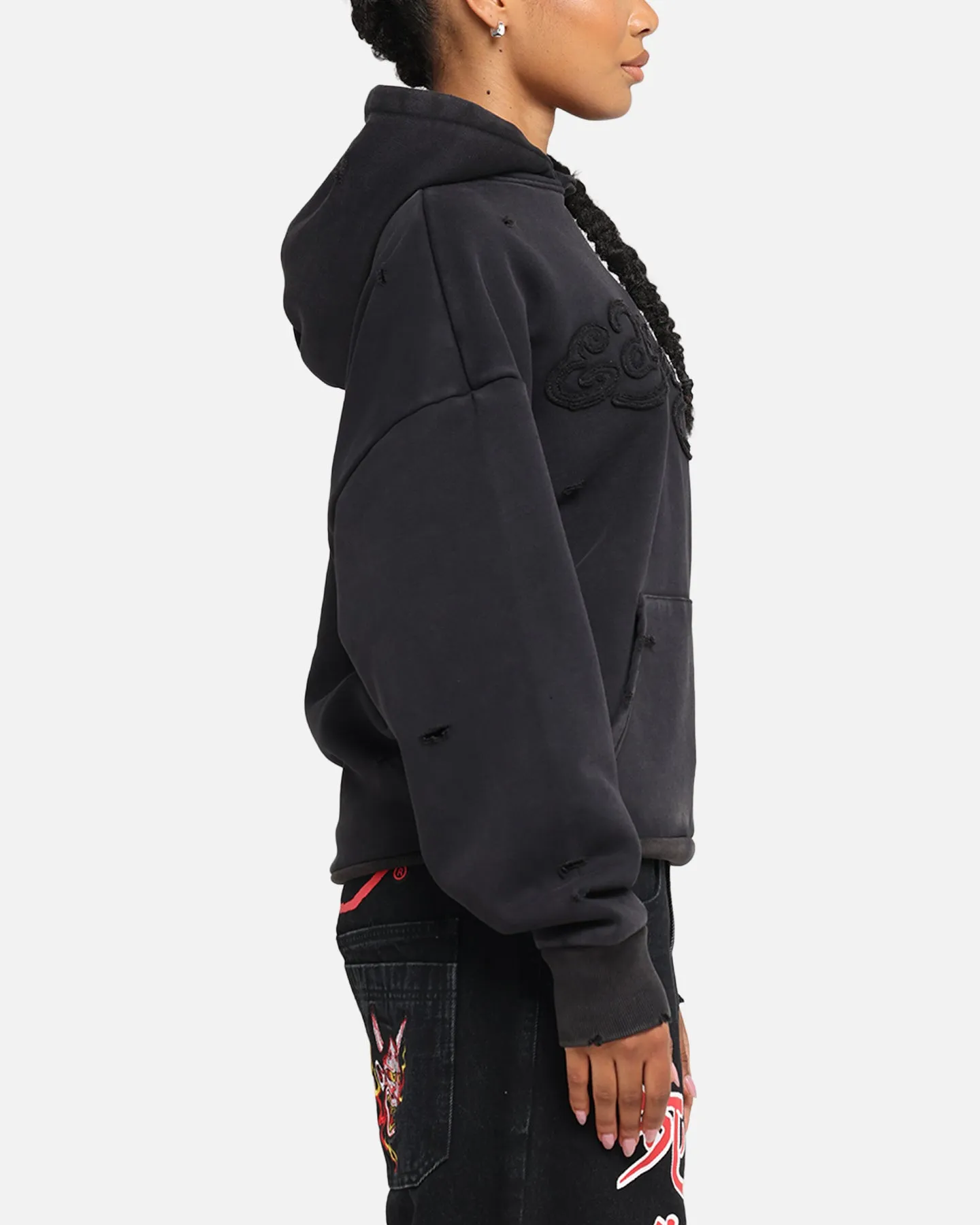 City Smart Performance Wear Ed Hardy Distressed Hoodie Washed Black