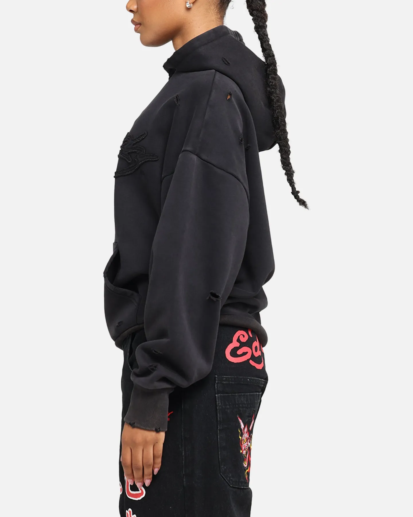 Ed Hardy Distressed Hoodie Washed Black half zip