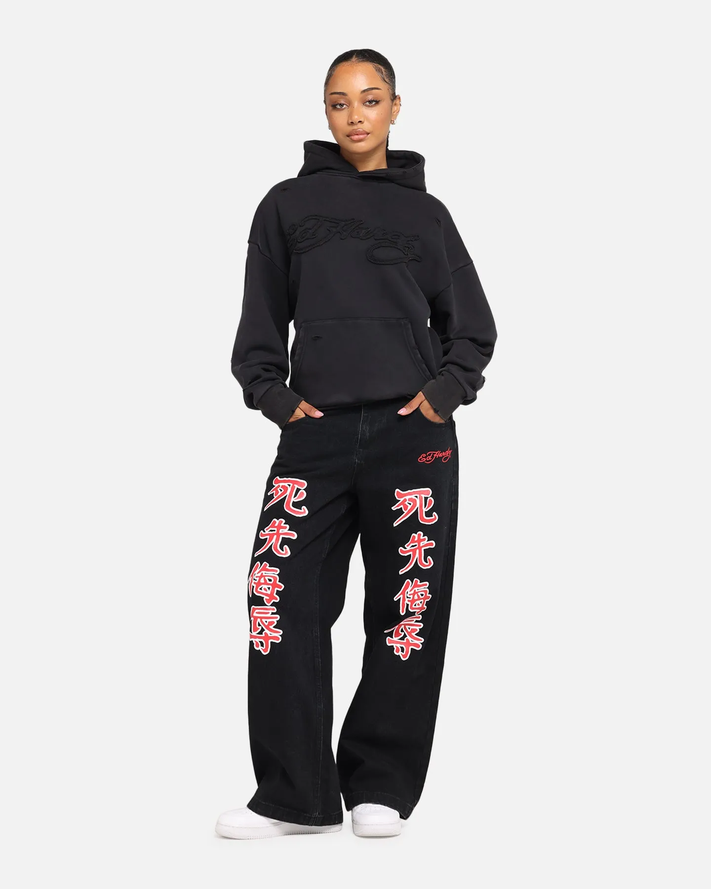 Ed Hardy Distressed Hoodie Washed Black Street Trend