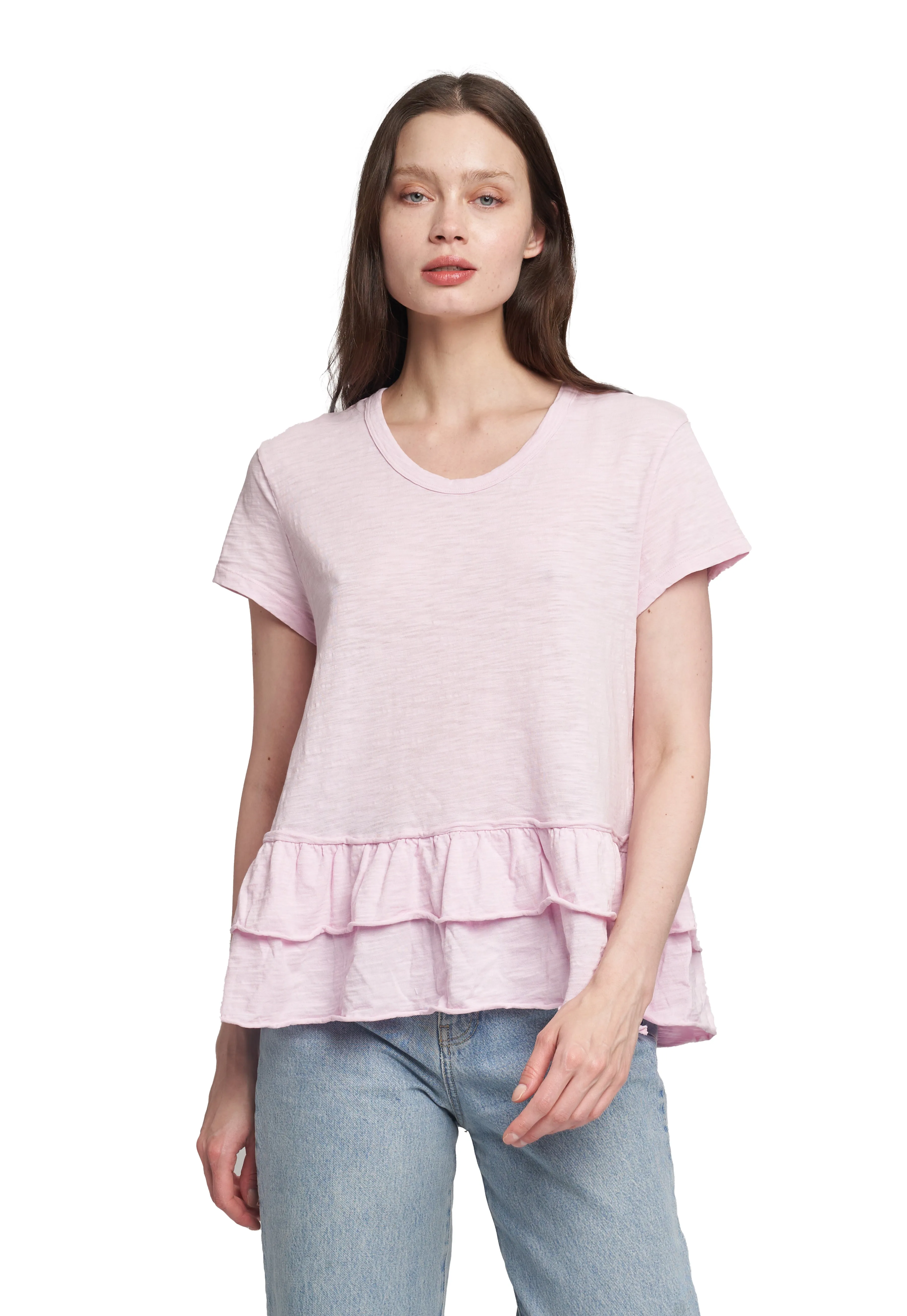 Short Sleeve Double Tier Mock Hem Crew Layered Wear