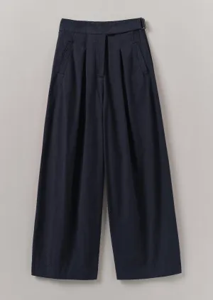 Soft and Light Breathable mesh design Belted Cotton Linen Poplin Wide Leg Pants | Raven Blue