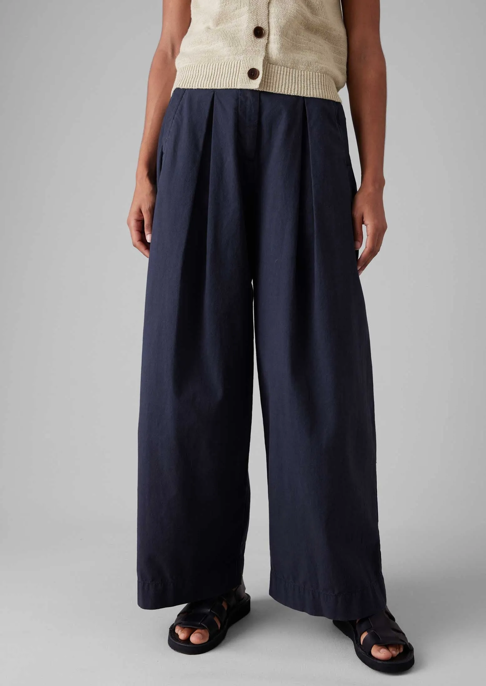 Belted Cotton Linen Poplin Wide Leg Pants | Raven Blue Freedom Move Non Irritating