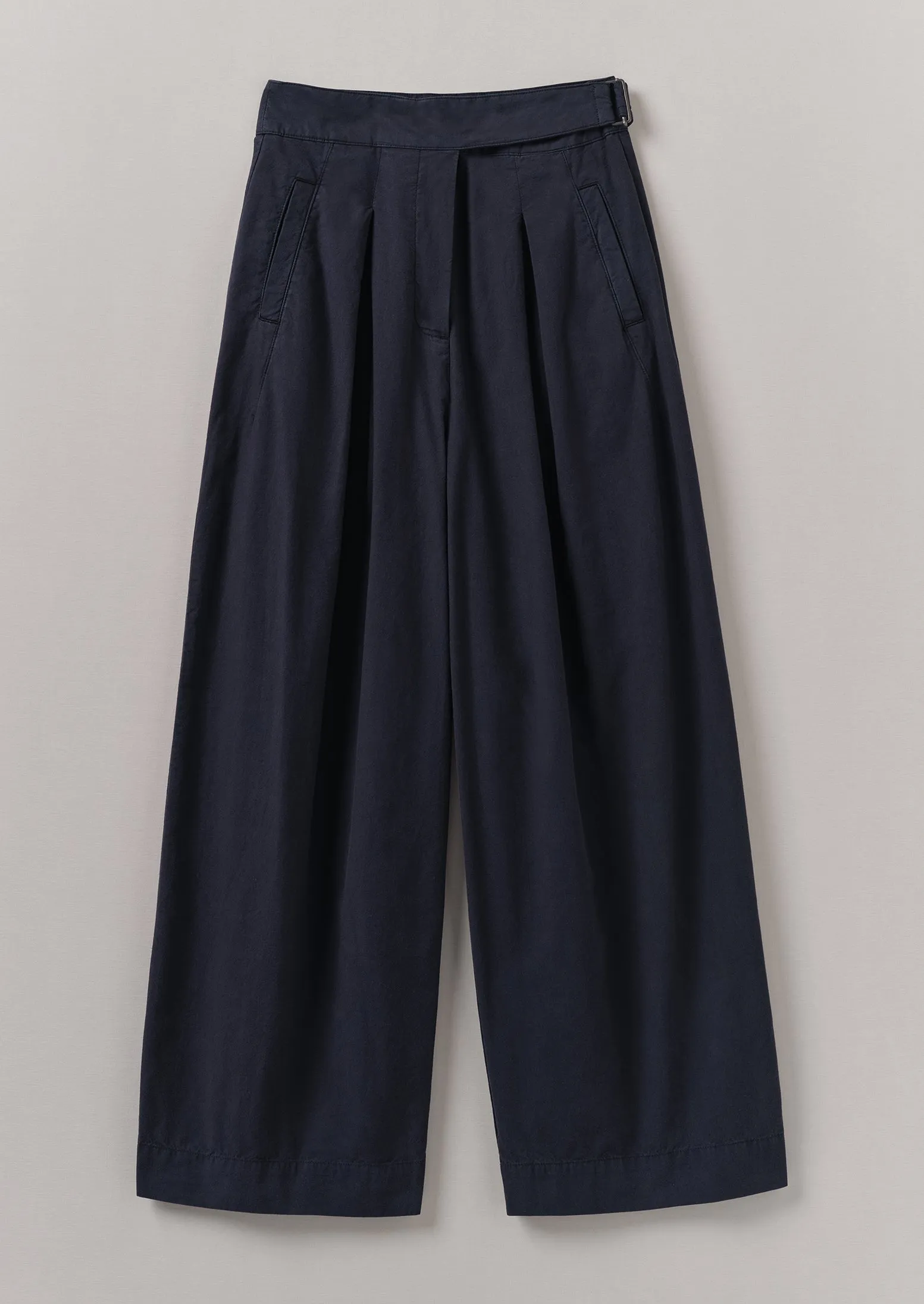 Soft and Light Breathable mesh design Belted Cotton Linen Poplin Wide Leg Pants | Raven Blue