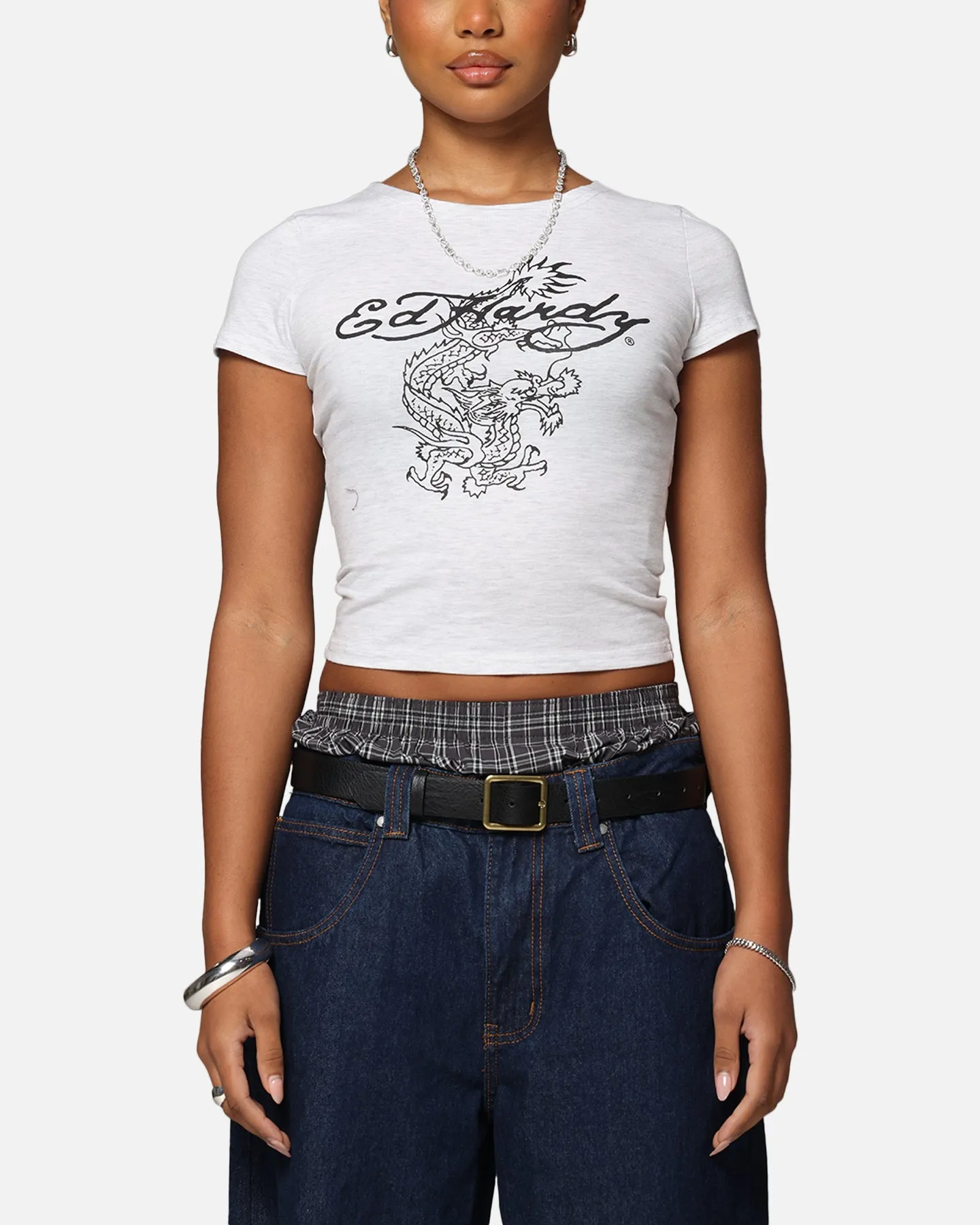 Ed Hardy Women's Dragon Baby T-Shirt Grey Marle Sleek Fit